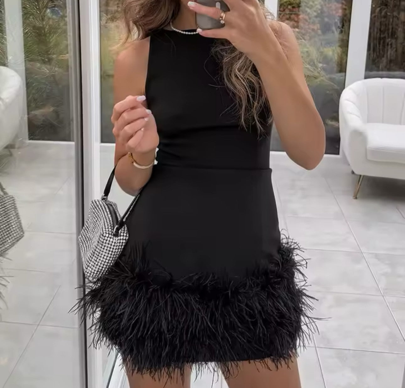 Fur Trim Dress in Black