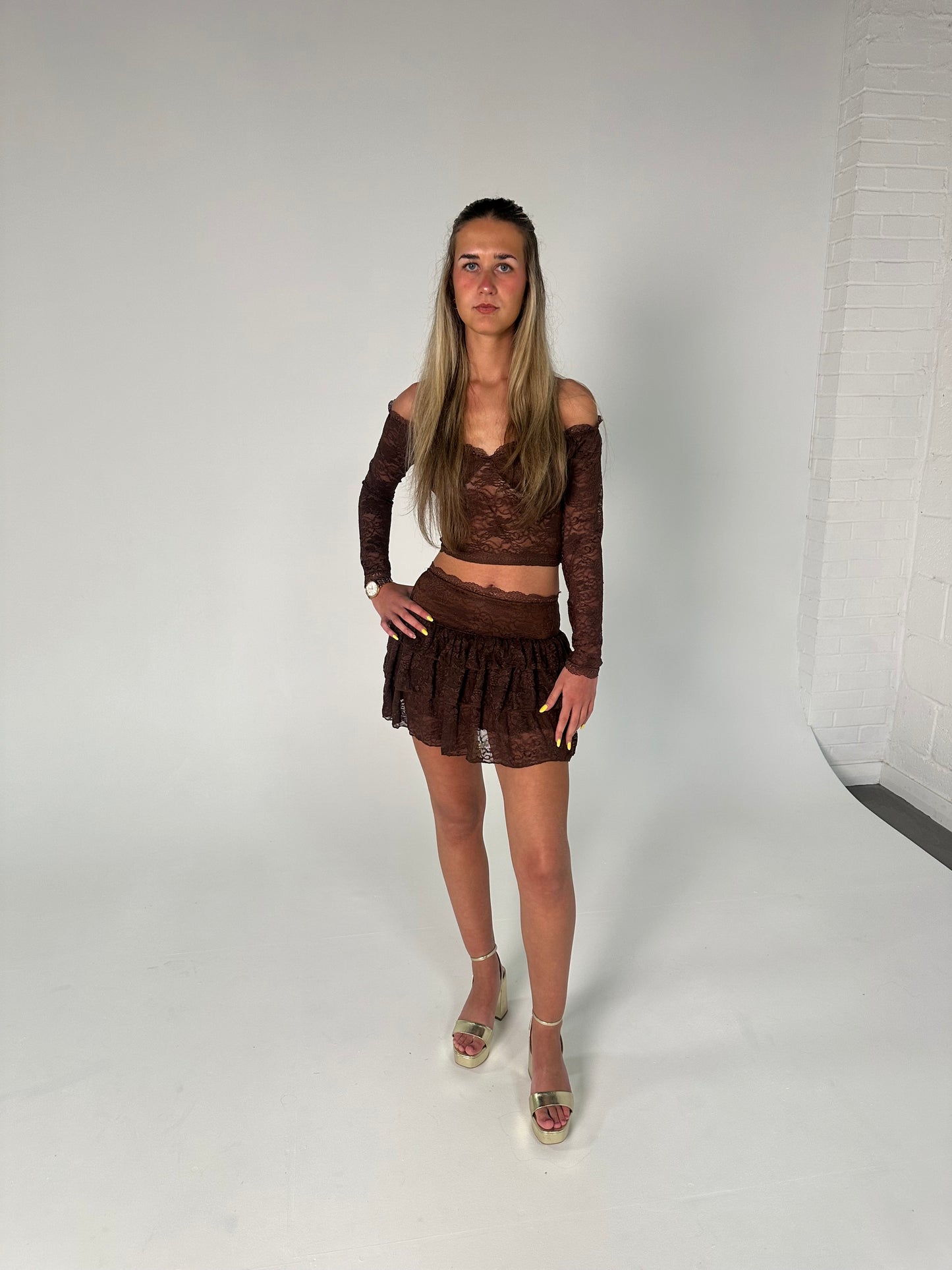 Lace Off Shoulder Crop Top and Frill Skirt Set in Brown