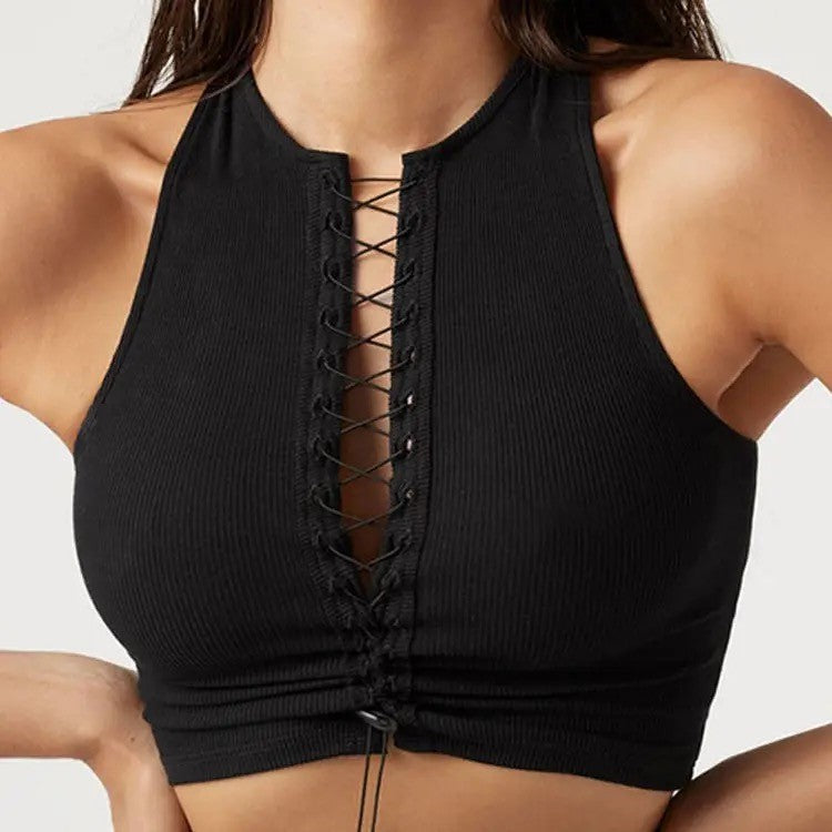 Lace Up Ribbed Crop Top in Brown, White and Black