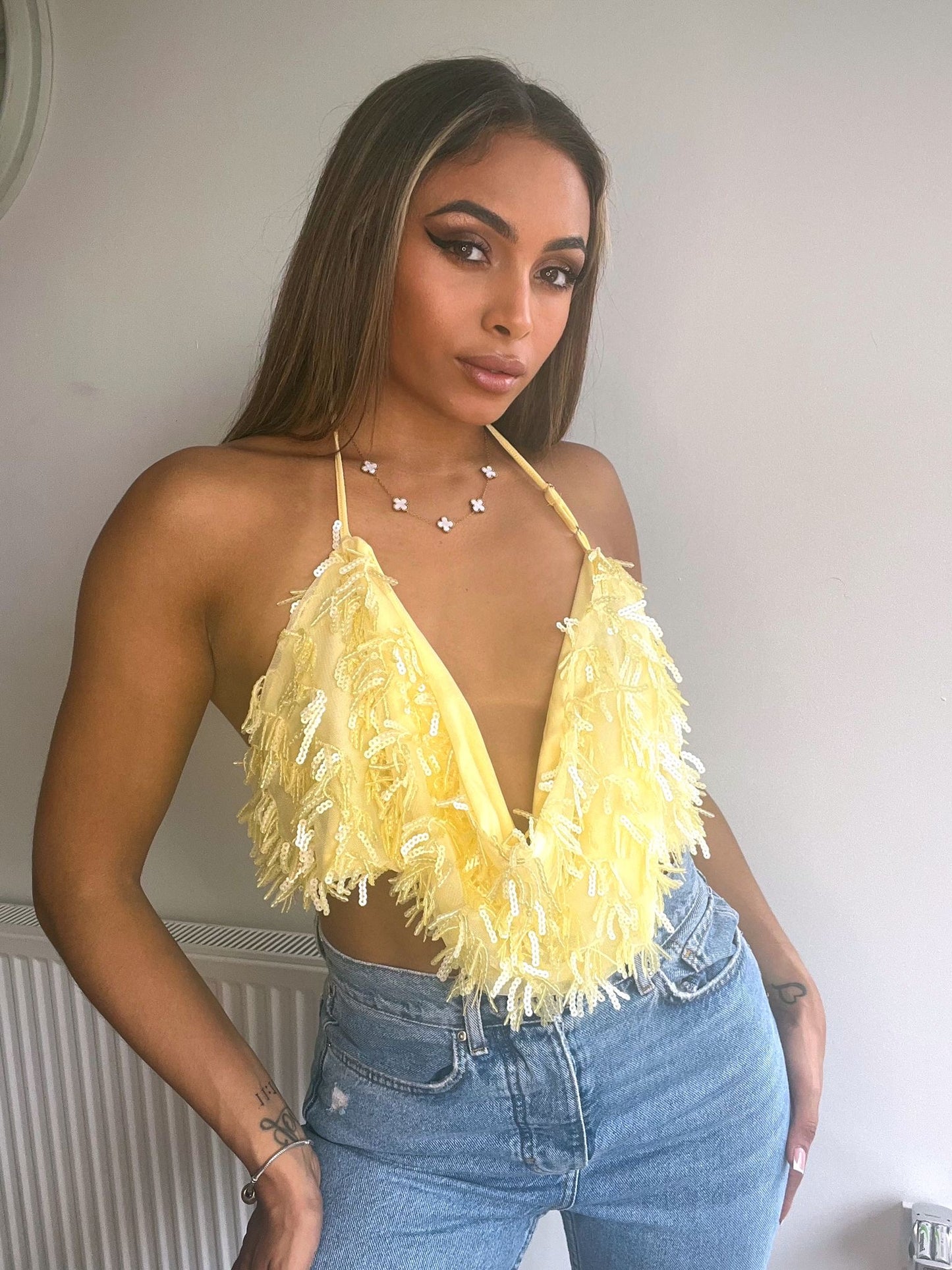 Halter Sequin Tassel Top in Yellow