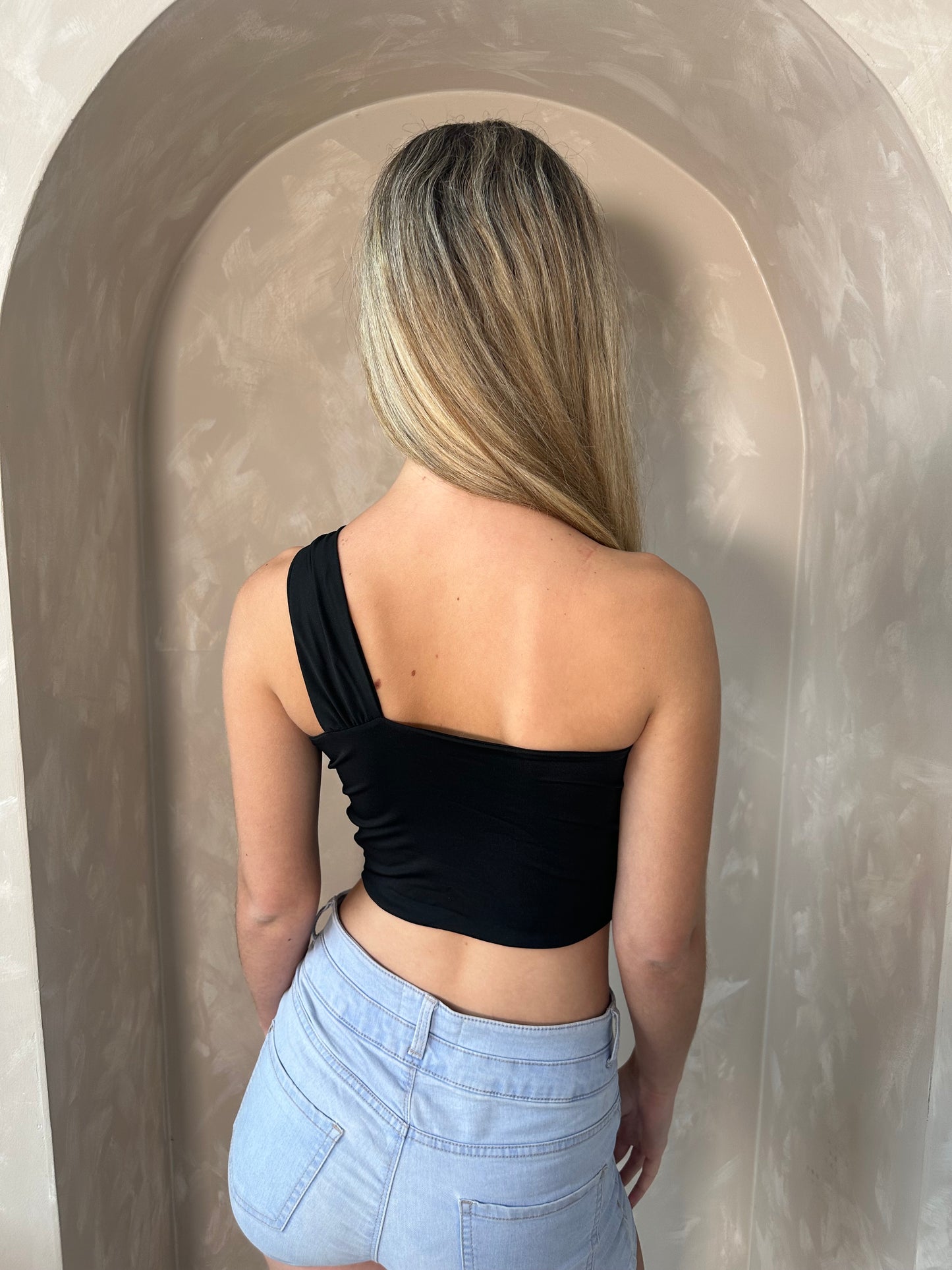 One Shoulder Asymmetric Crop Top in Black