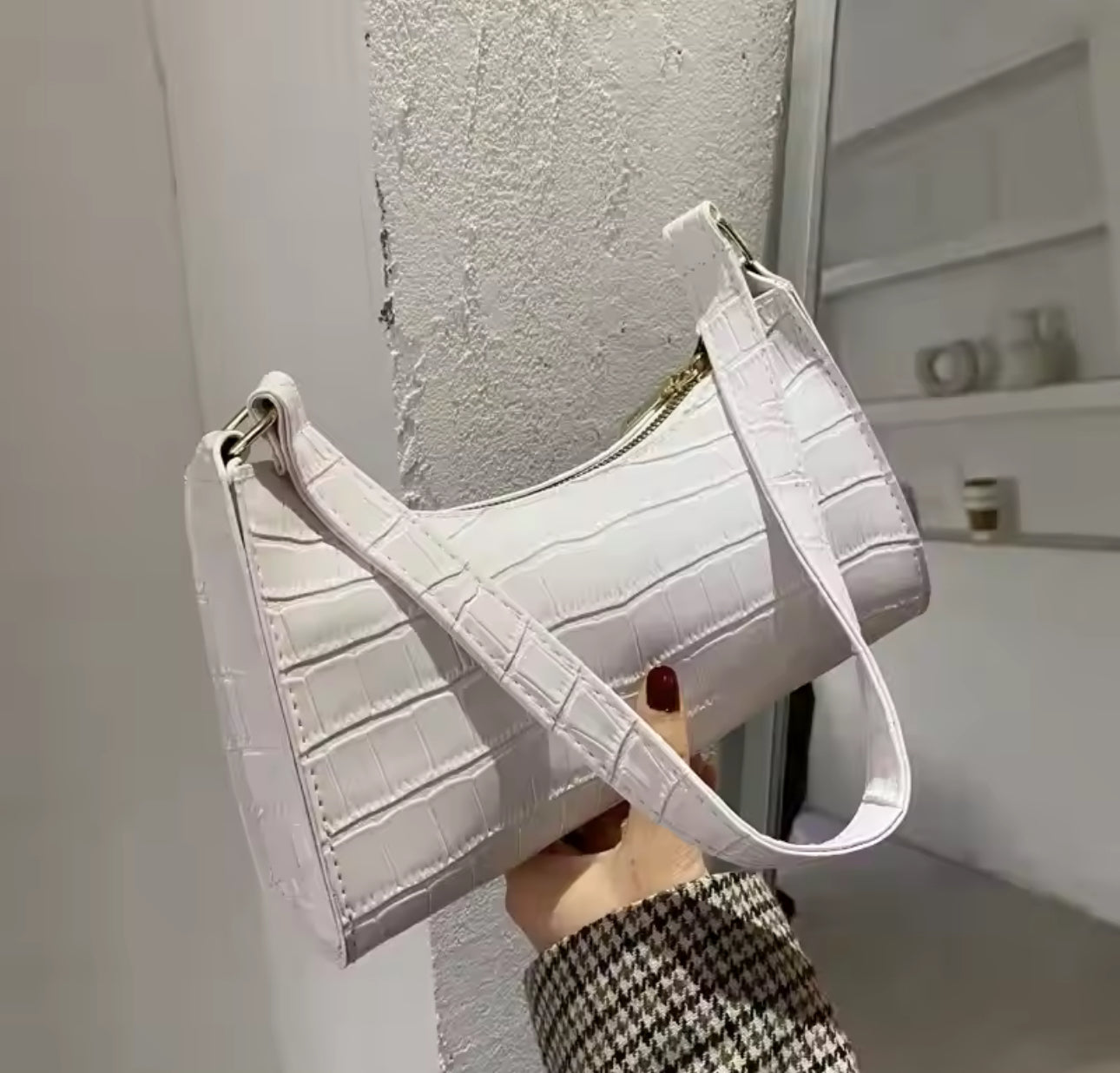 Faux Alligator Shoulder Bag in White