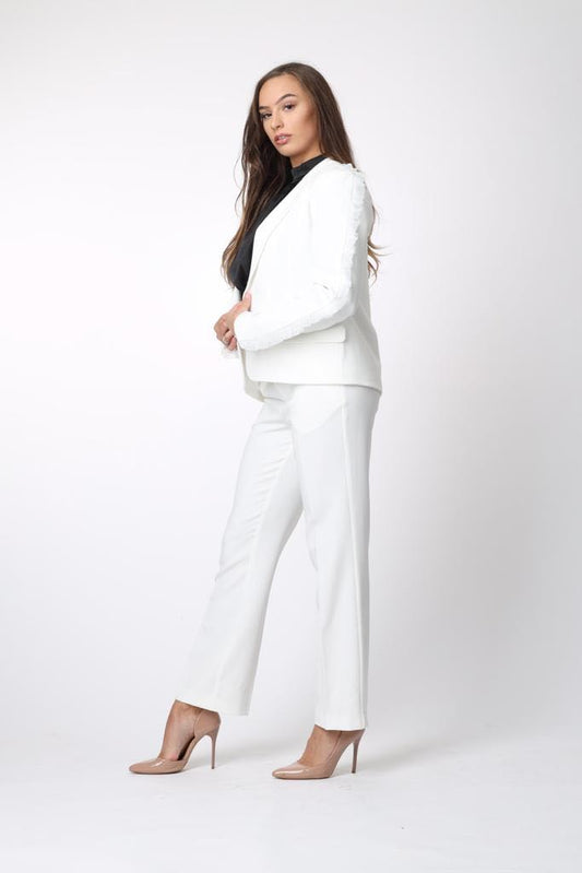 power suit white suit trousers blazer tailored spring looks fashion heels nude cropped shirt silky 