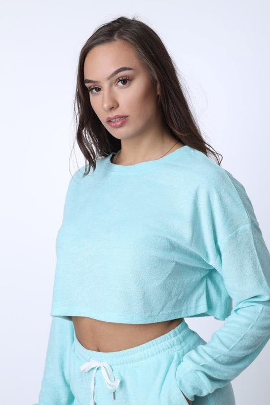 short sleeve crop top in pink, grey, and blue. Day off cropped jumper in mint and purple. new years day resolutions. sale. wtt. watts that trend. loungewear. gym wear