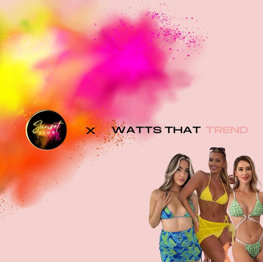 wtt watts that trend sunset glow tanning bundle outfit bikini swimwear competition coord co ord co-ord dress colourful pink blue yellow green pretty little thing plt oh polly mars the label sorelle fashionnova