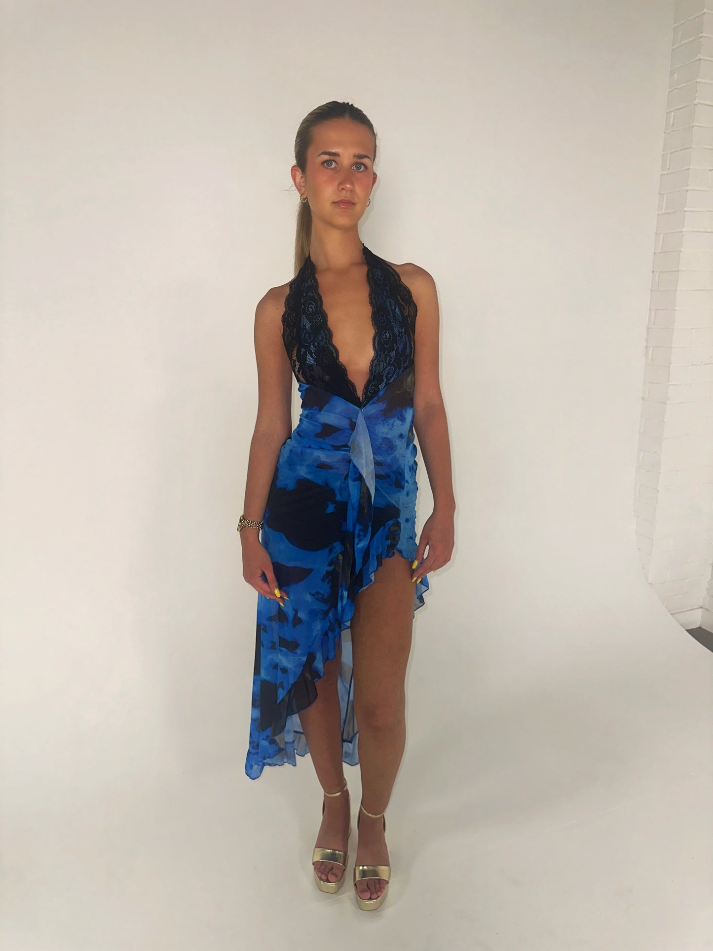 Lace Halter Plunge Dress in Blue