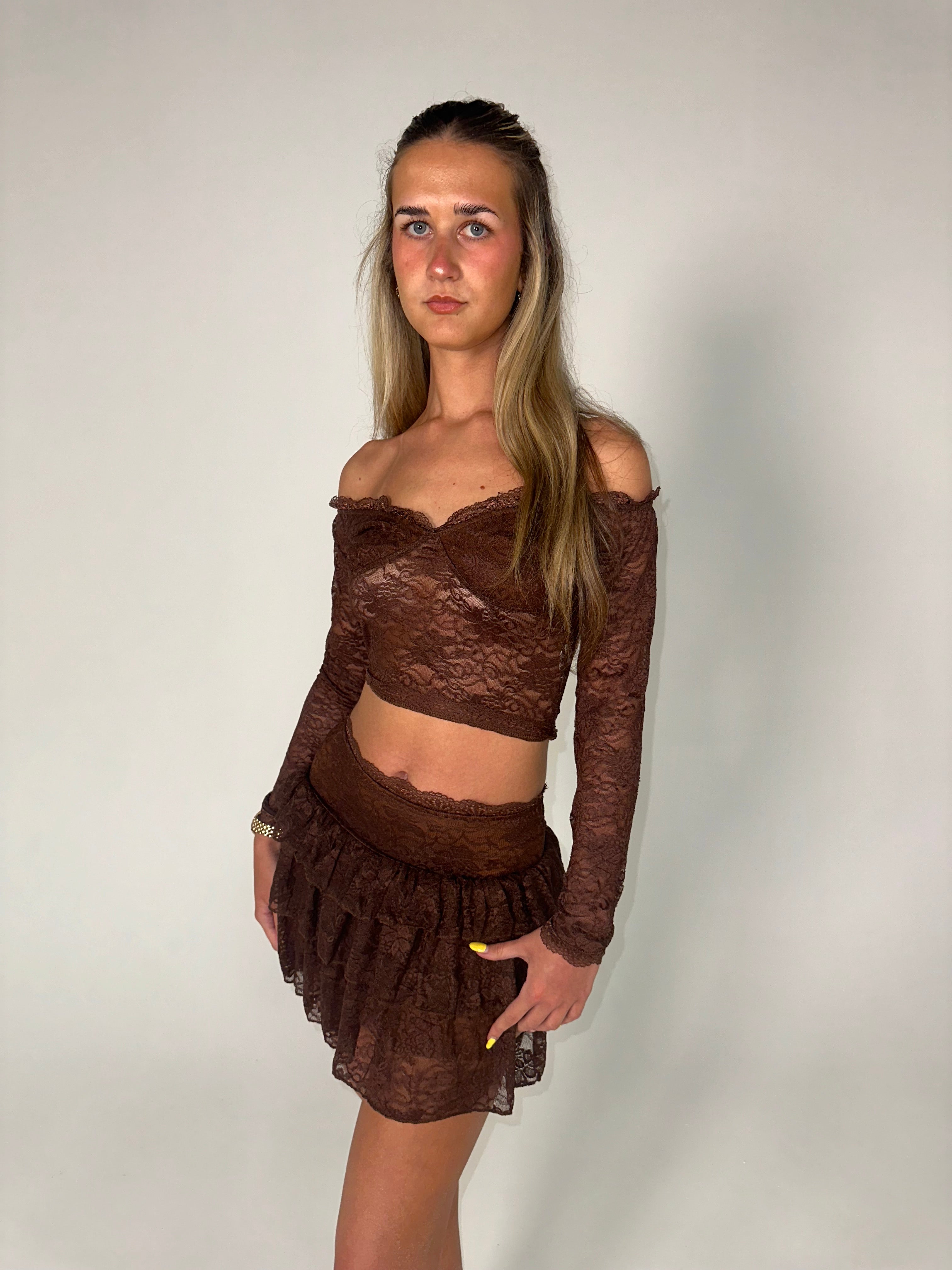 Lace Off Shoulder Crop Top and Frill Skirt Set in Brown