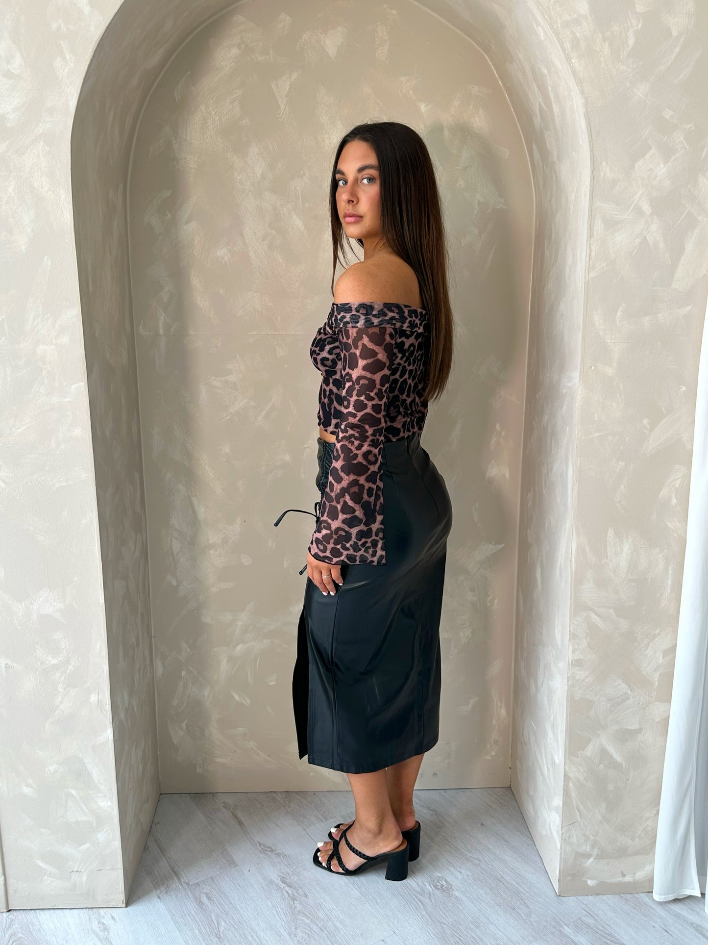 Midi Slit Detailed Faux Leather Skirt