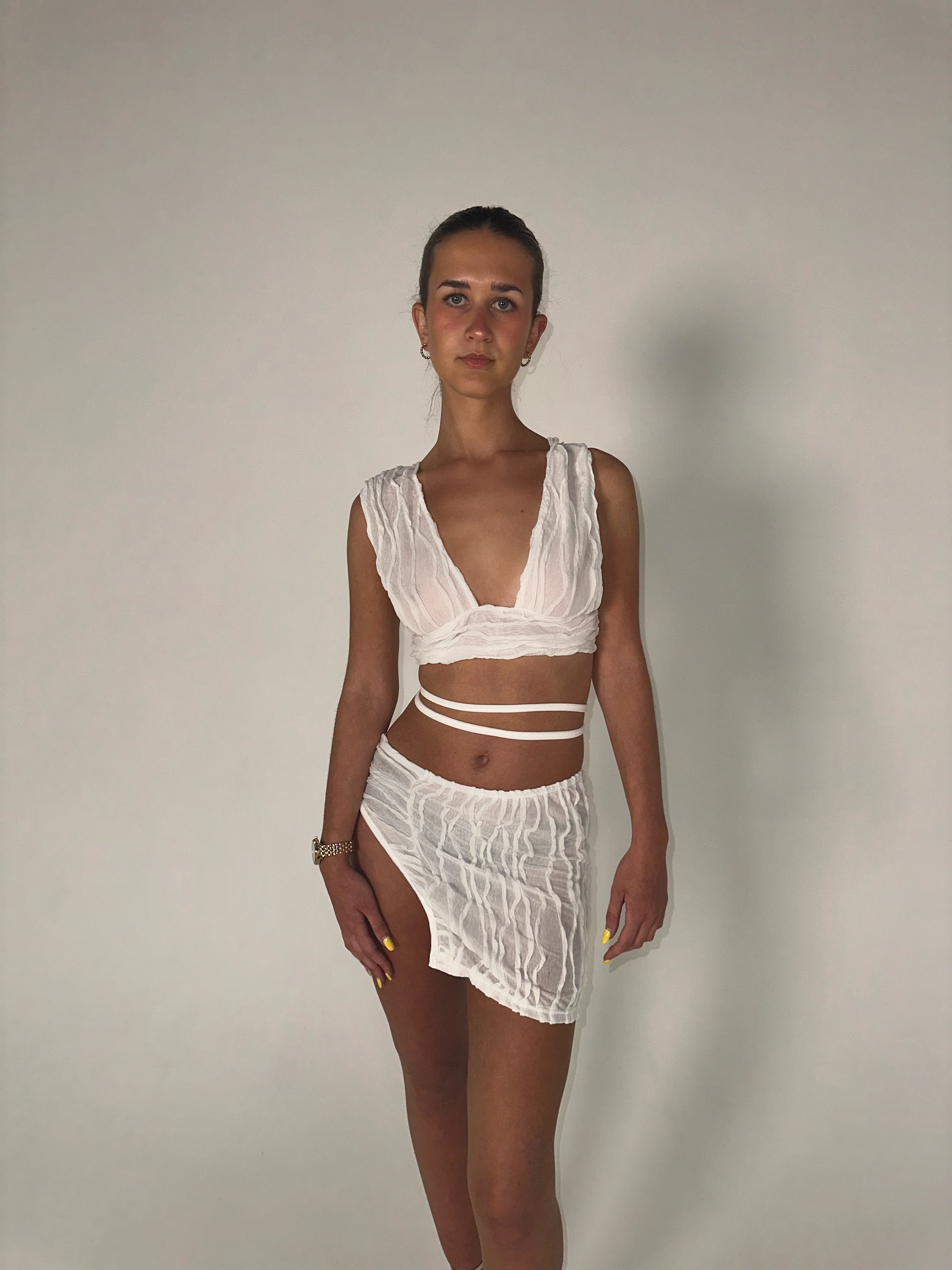 Plunge Crop and Mini Slit Skirt Co-Ord in White