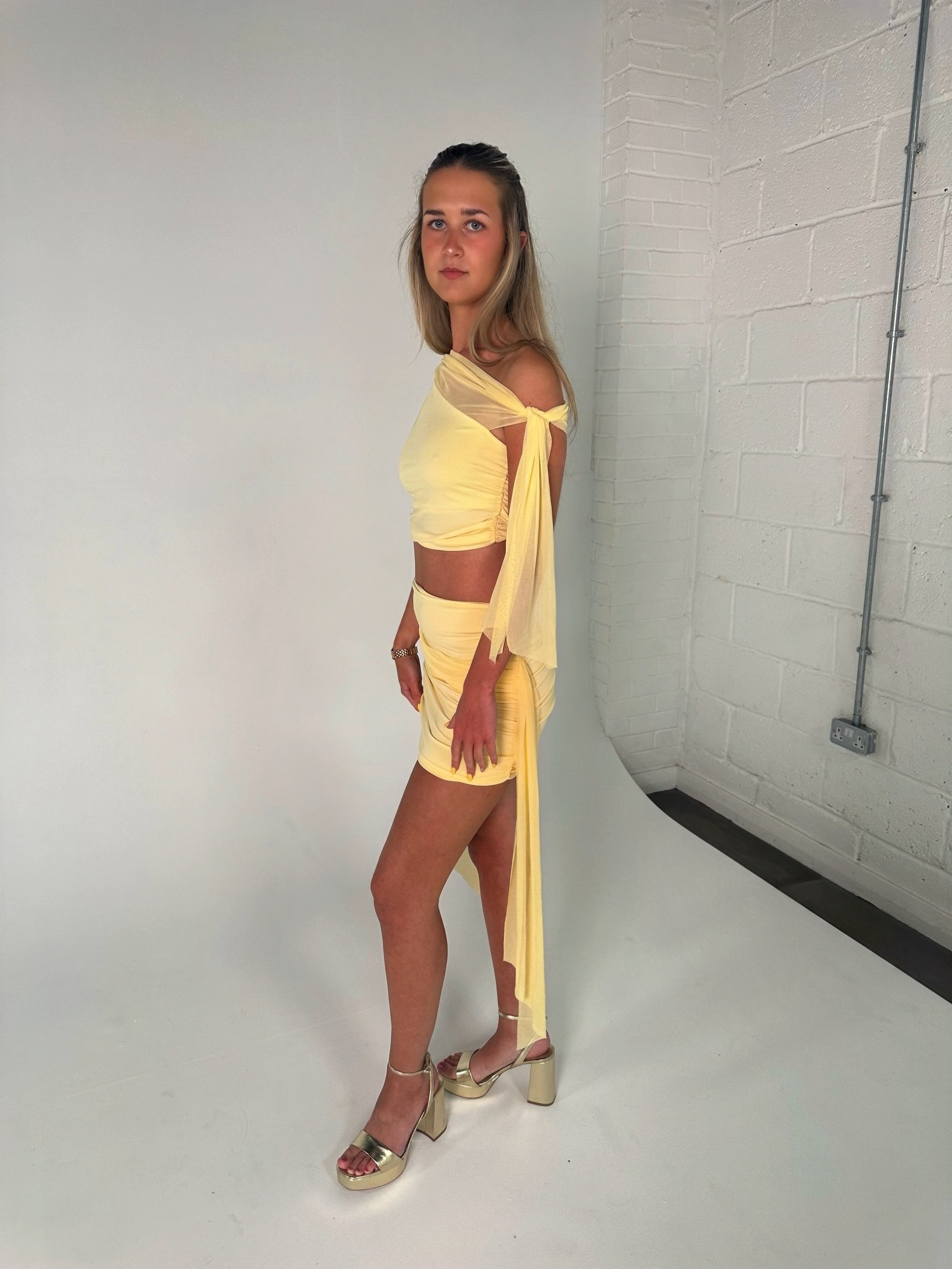Off Shoulder Top and Drape Skirt Co-Ord in Yellow