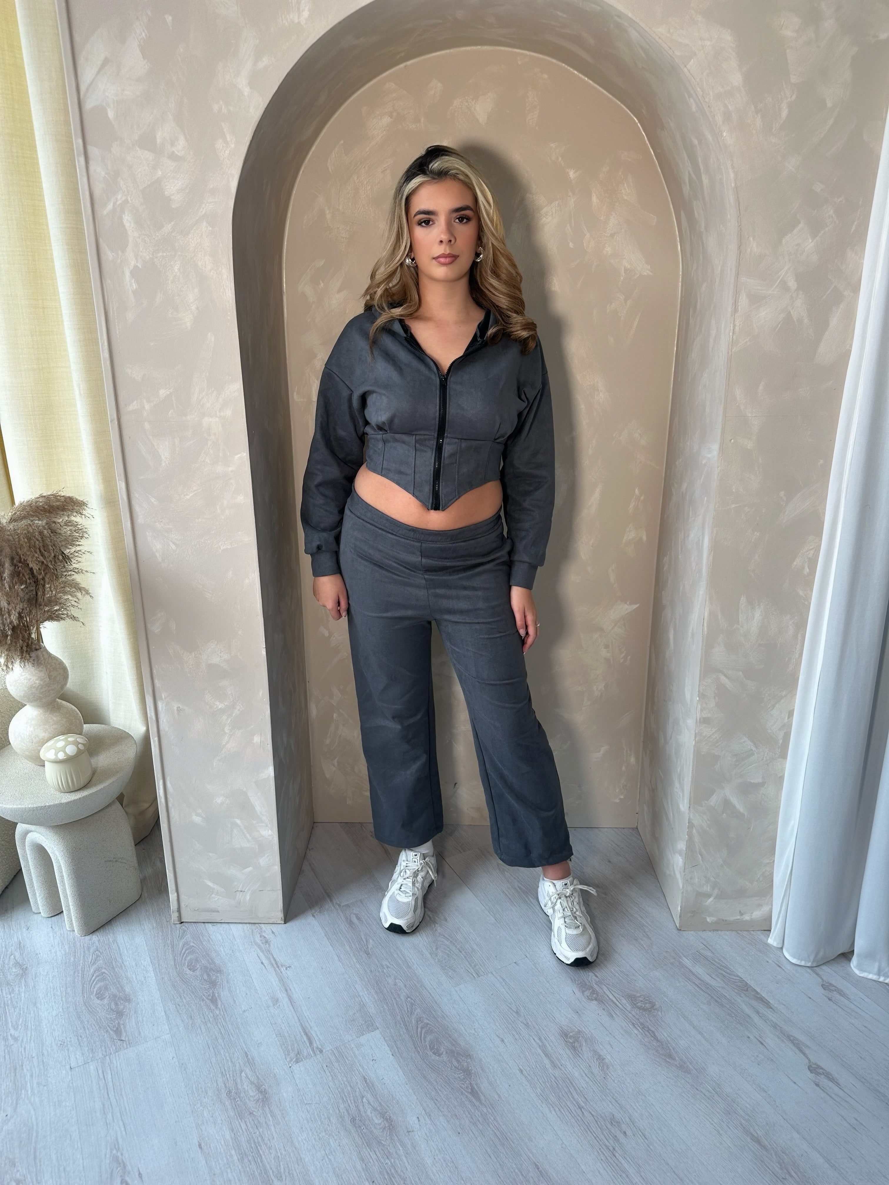 Suede Cinched Hoodie and Trousers in Graphite Grey