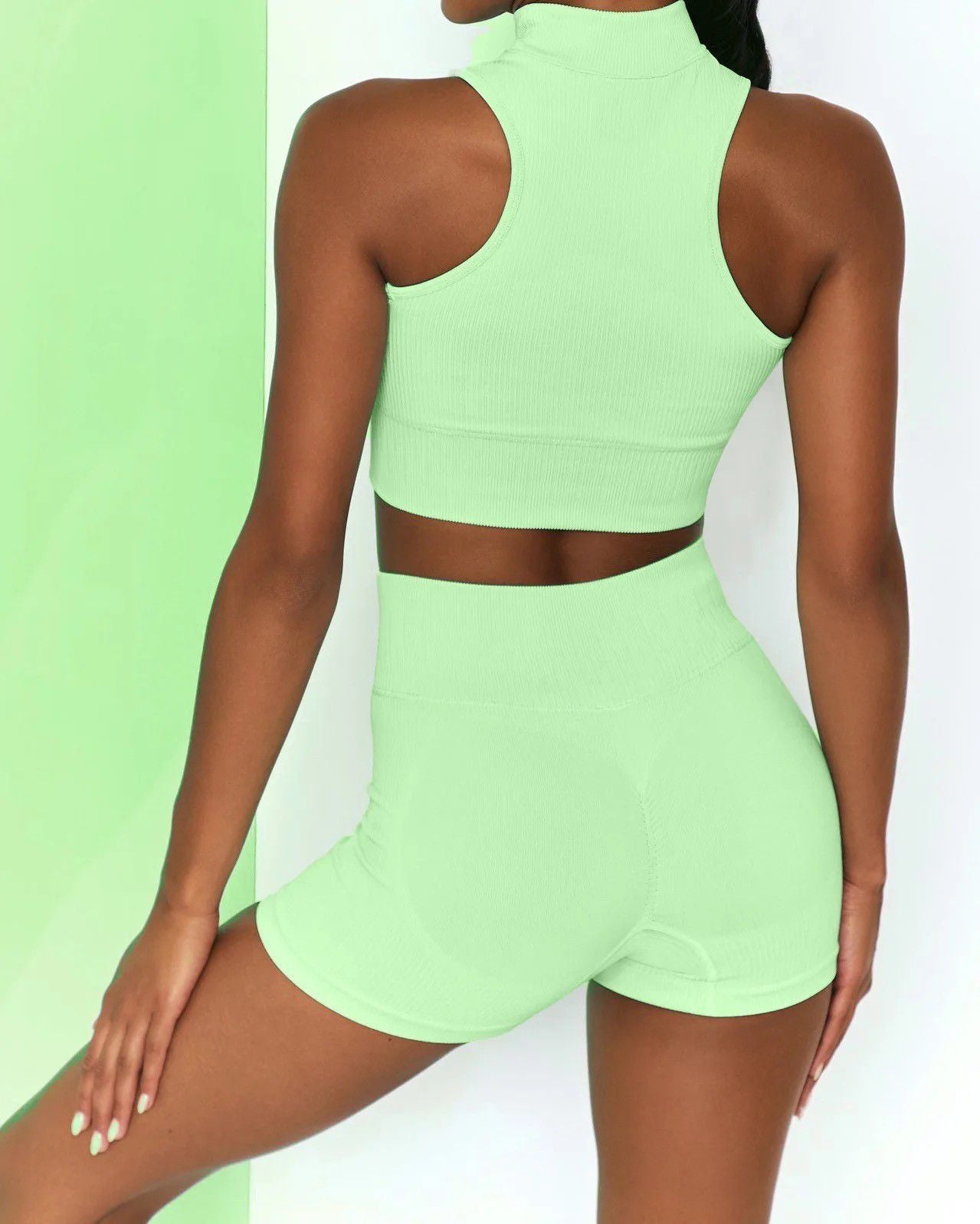Essentials Ribbed Turtle Neck Crop and Shorts Set in Lime Green