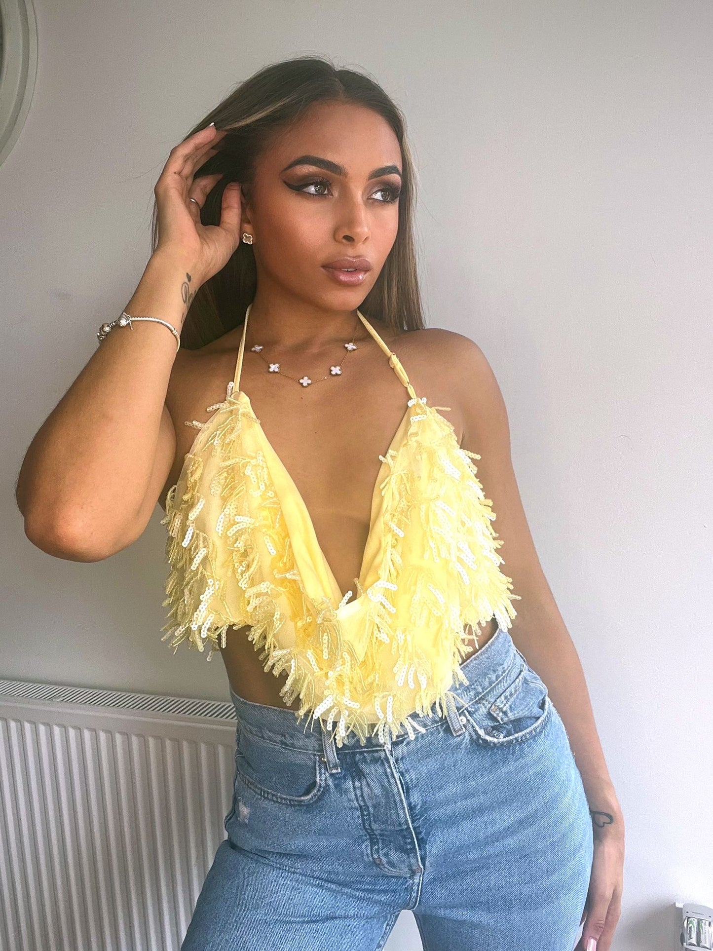 Halter Sequin Tassel Top in Yellow