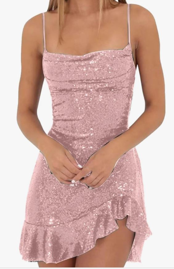 Lace Back Strappy Sequin Dress in Chocolate Brown or Pink