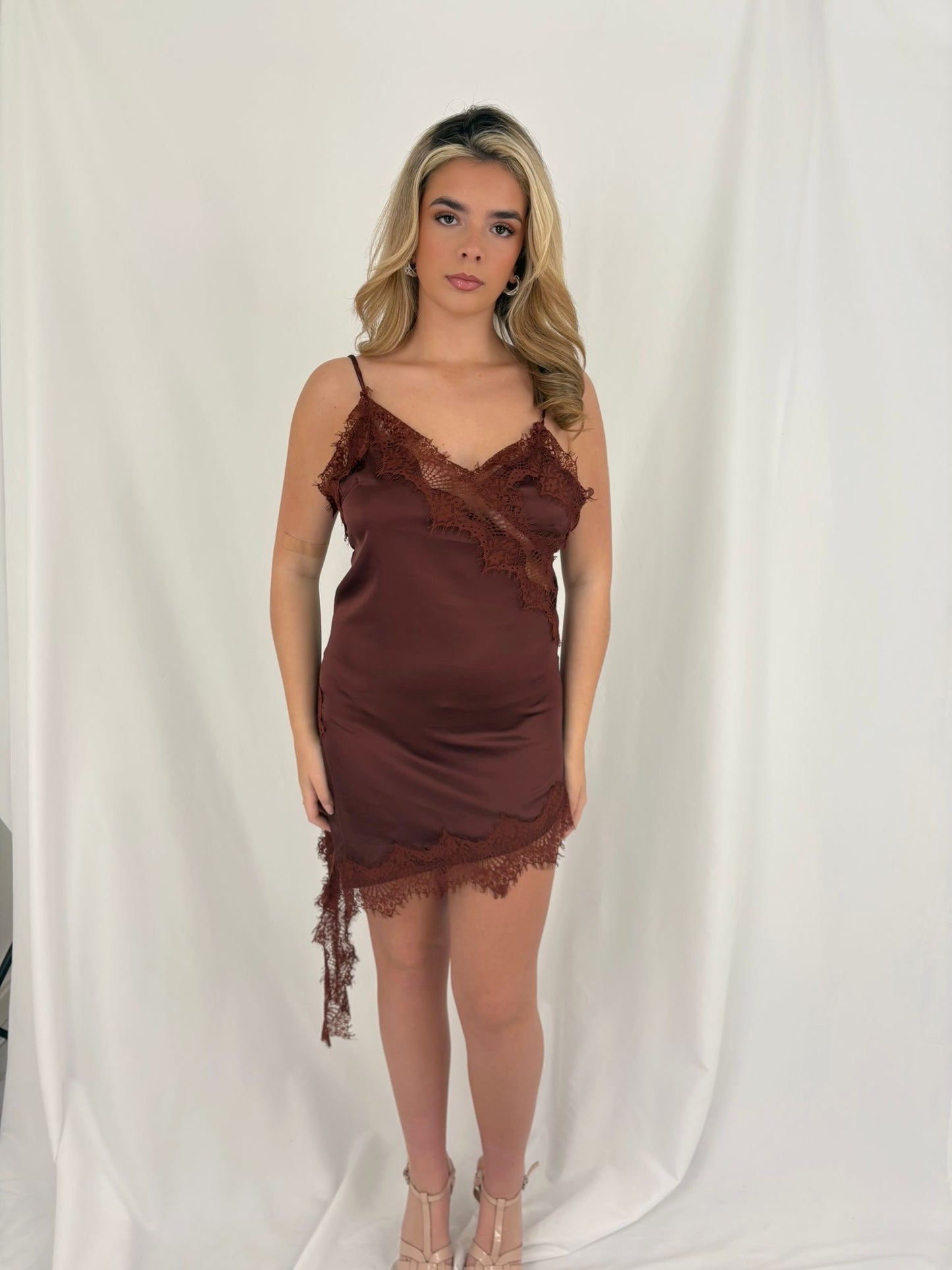 Satin Lace Trim Dress in Chocolate