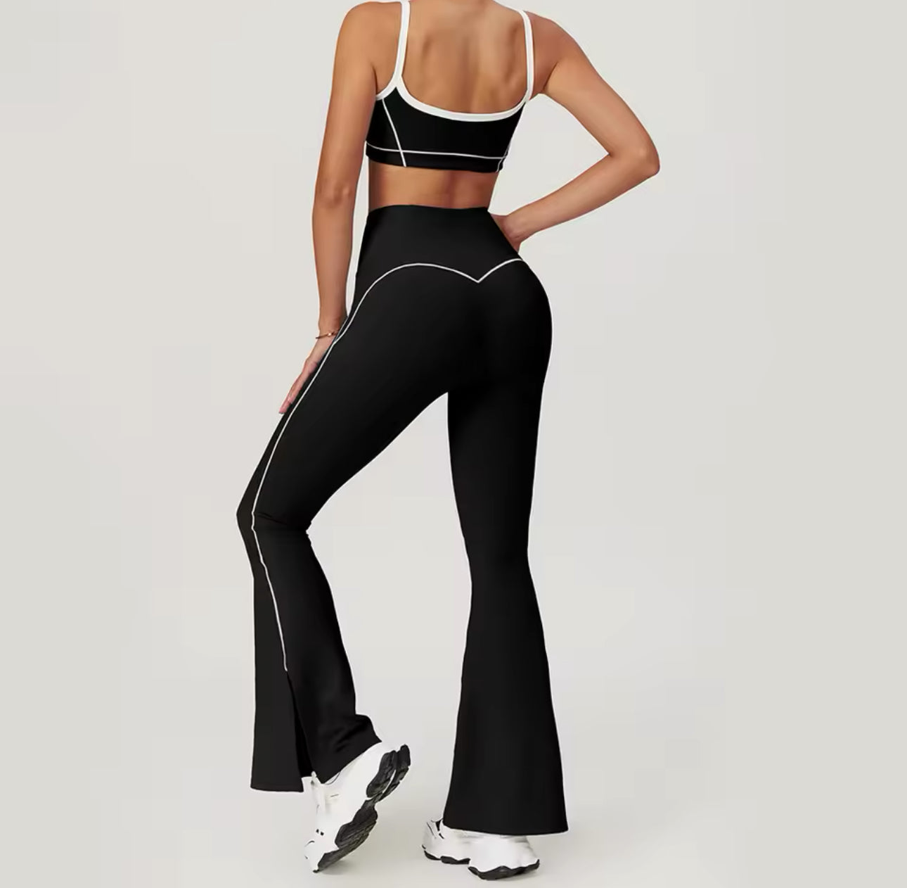 Yoga Crop Top and Flares Set in Black with White Trim