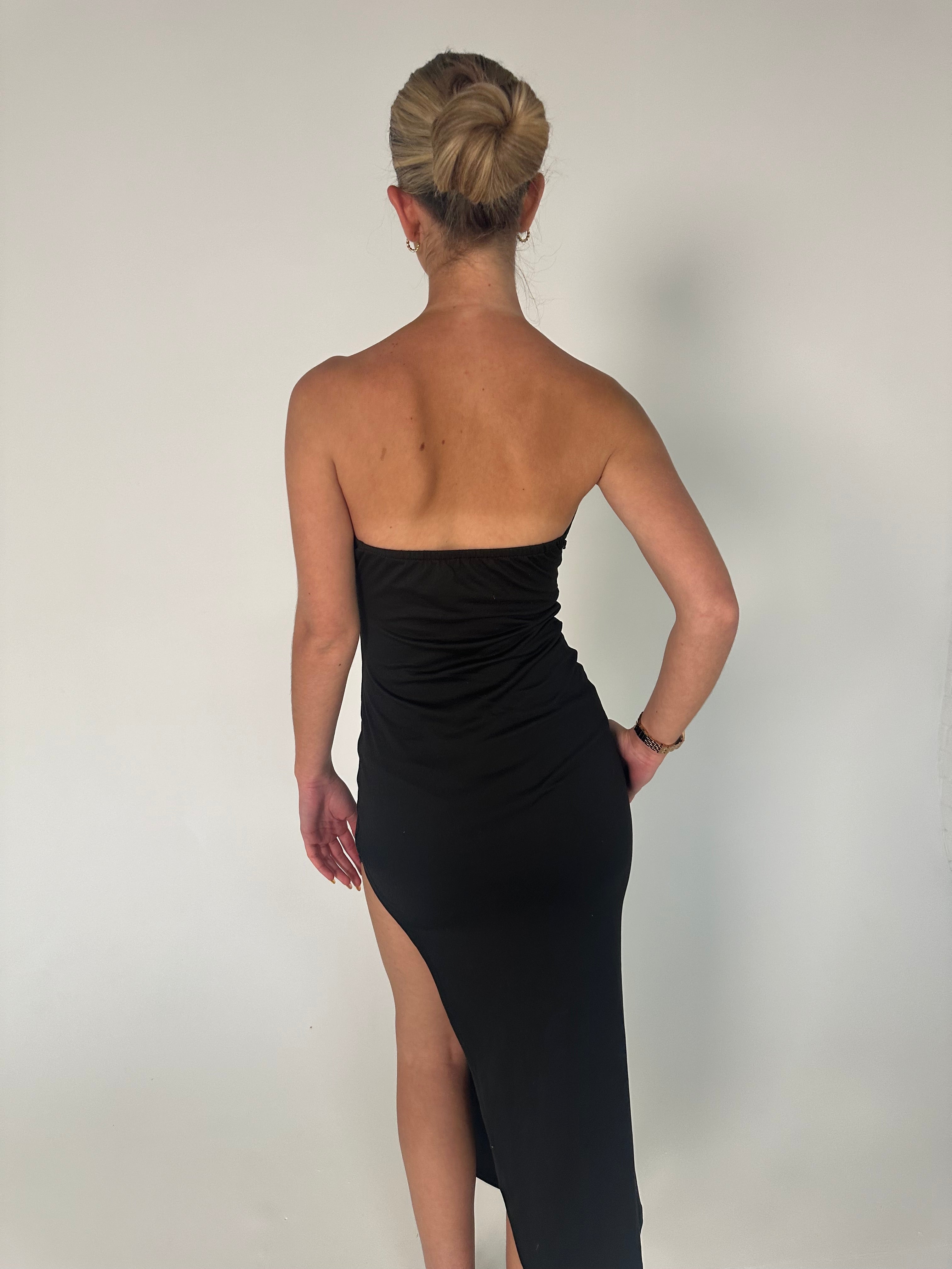 Thigh Slit Plunge Strapless Maxi Dress in Black