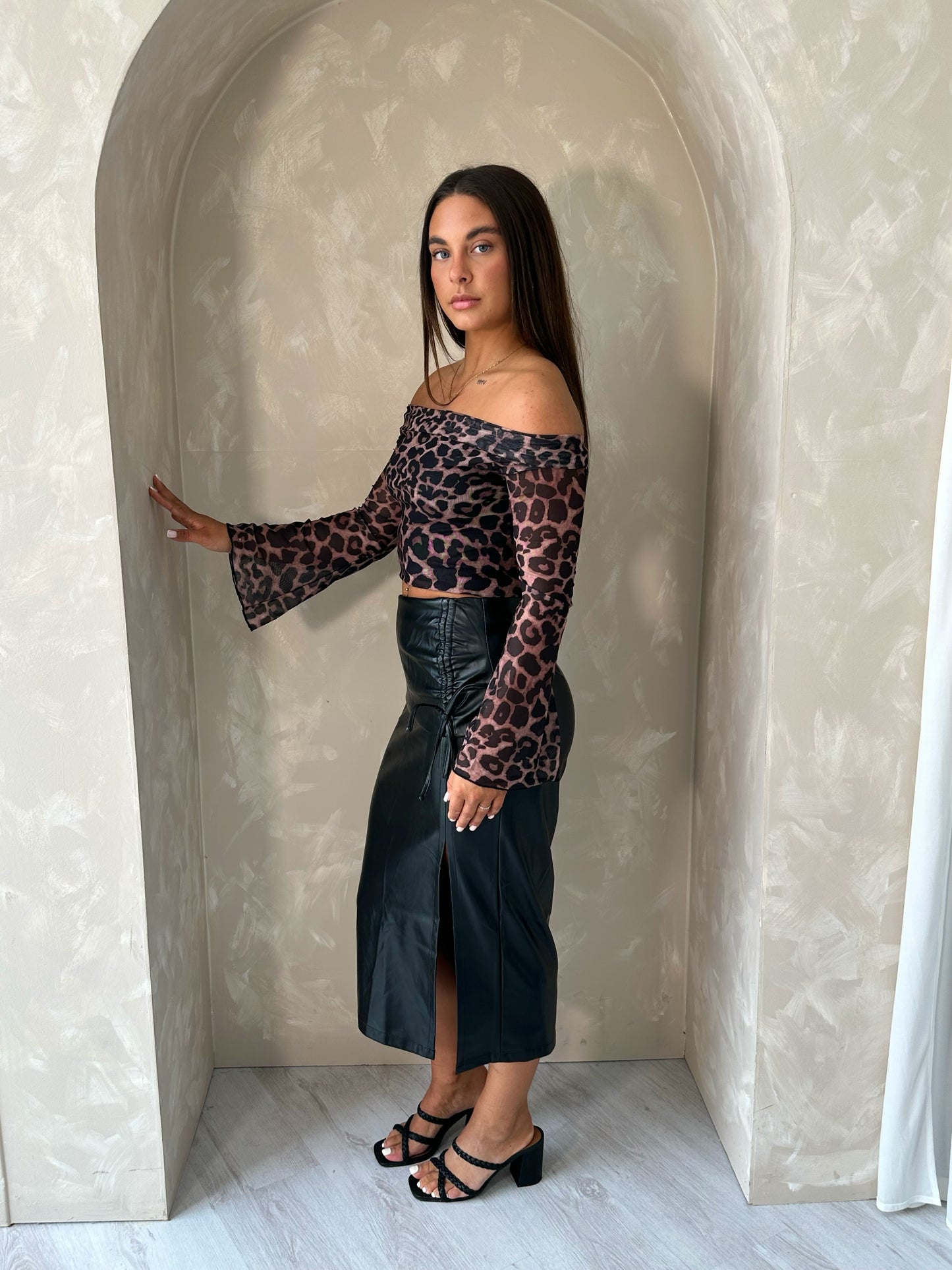 Midi Slit Detailed Faux Leather Skirt