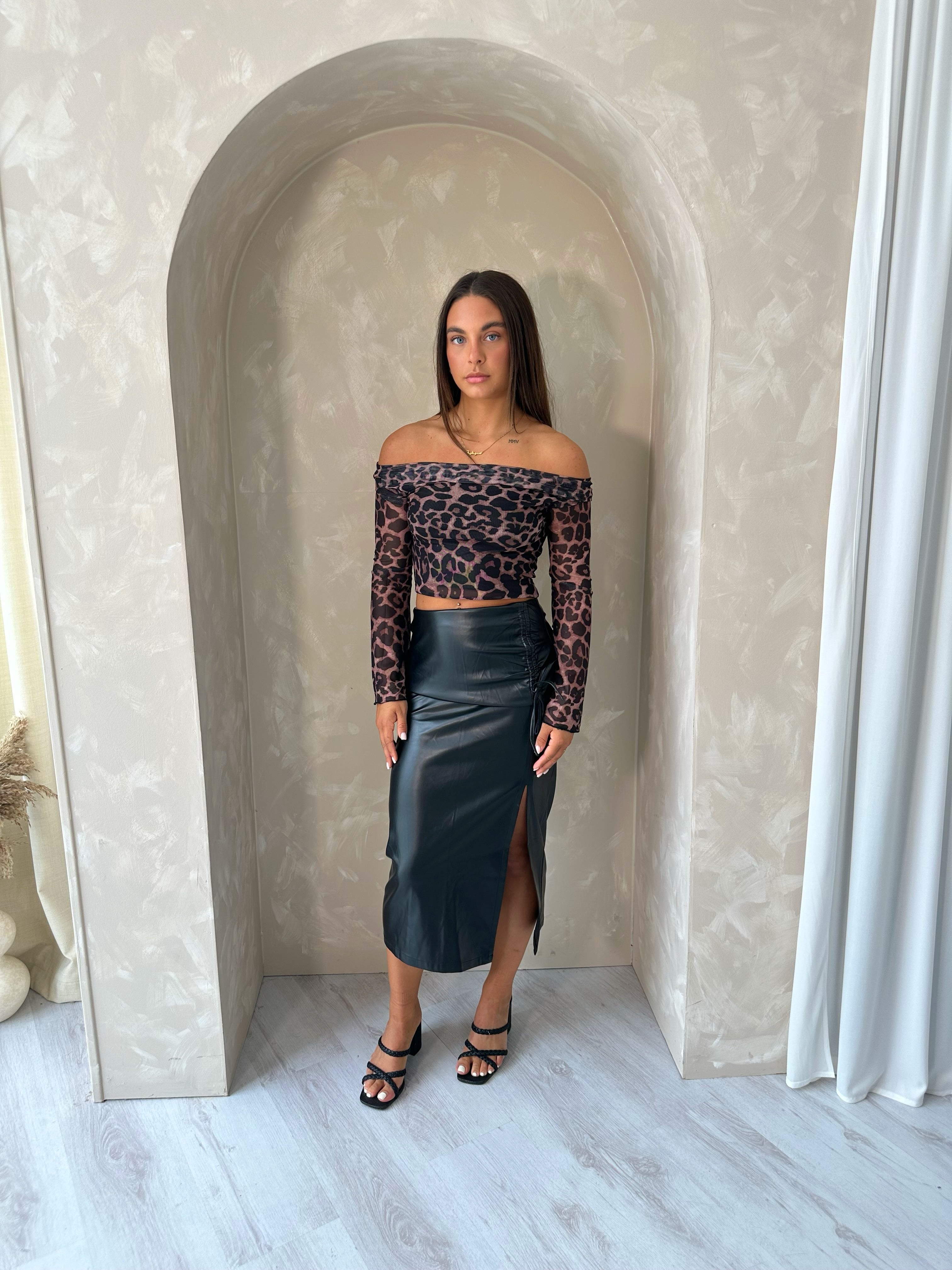 Cheetah Print Bardot Long Sleeved Top