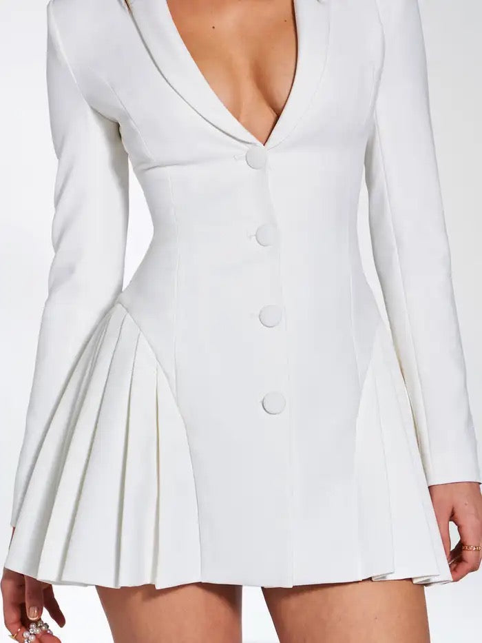 Button Detail Plunge Long Sleeve Mini Dress in White