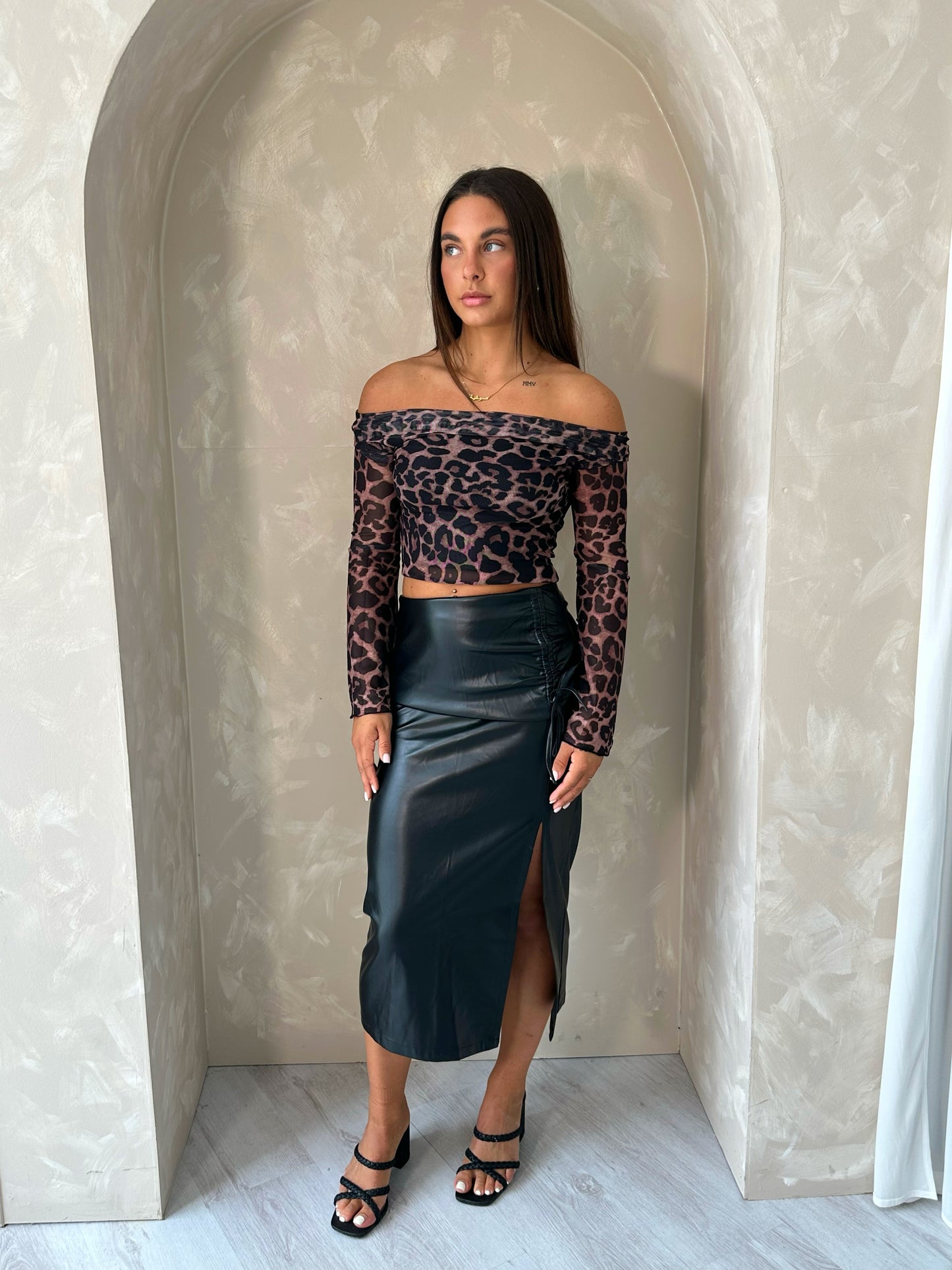 Midi Slit Detailed Faux Leather Skirt