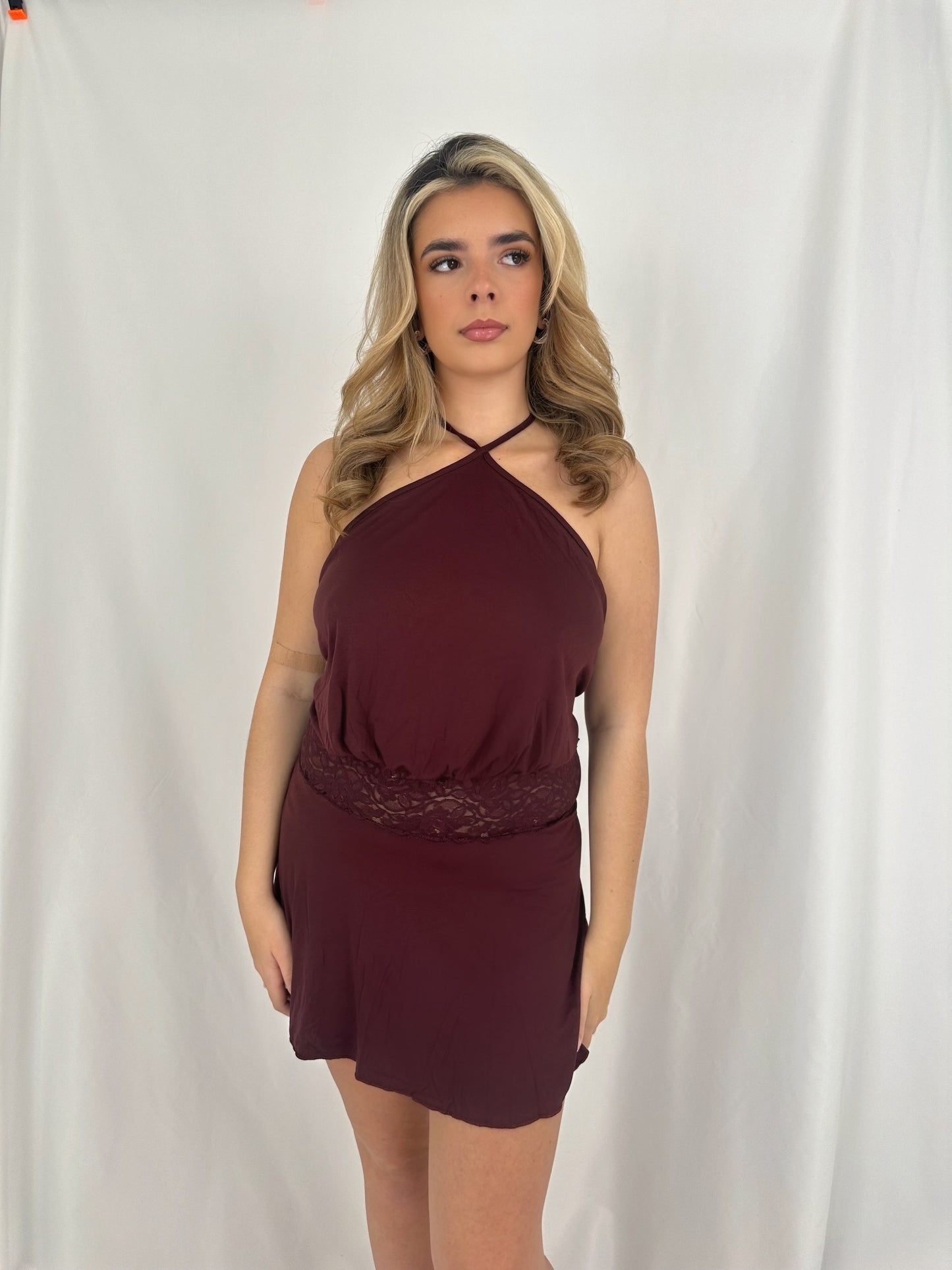 Lace Waist Halter Dress in Burgundy