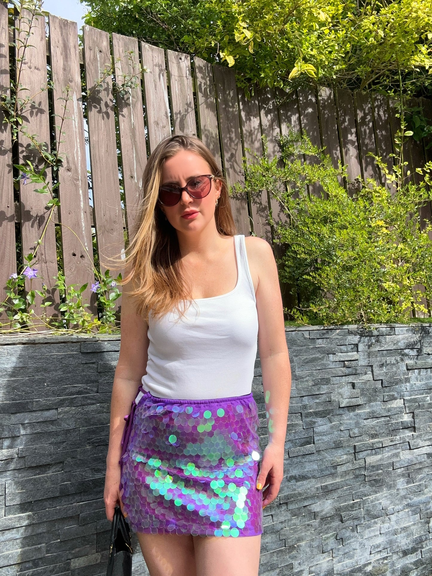 Sequin Tie Side Detail Skirt in Purple