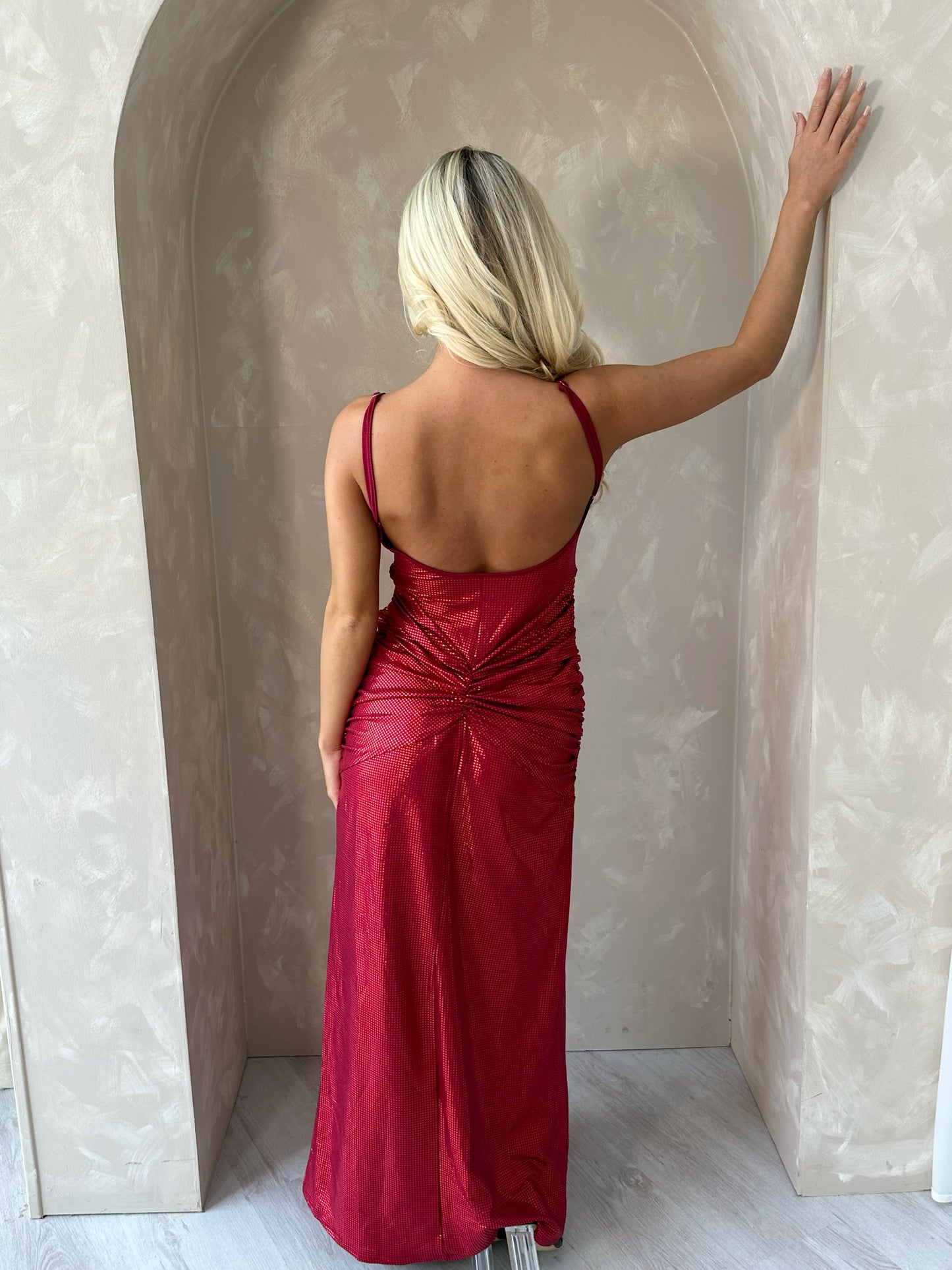 Scrunch Waist Shimmer Maxi Dress in Red