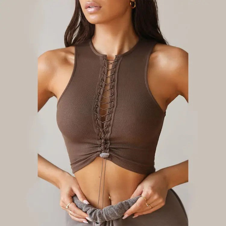 Lace Up Ribbed Crop Top in Brown, White and Black