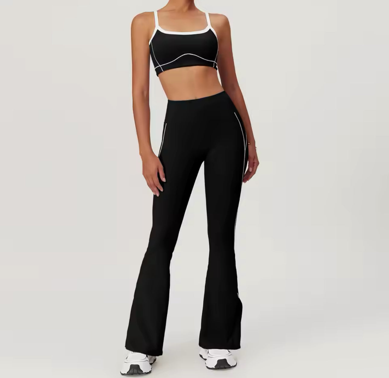 Yoga Crop Top and Flares Set in Black with White Trim