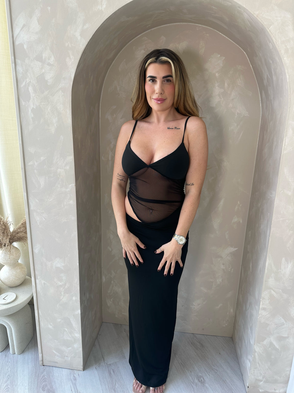 The Strappy Mesh Maxi Dress in Black