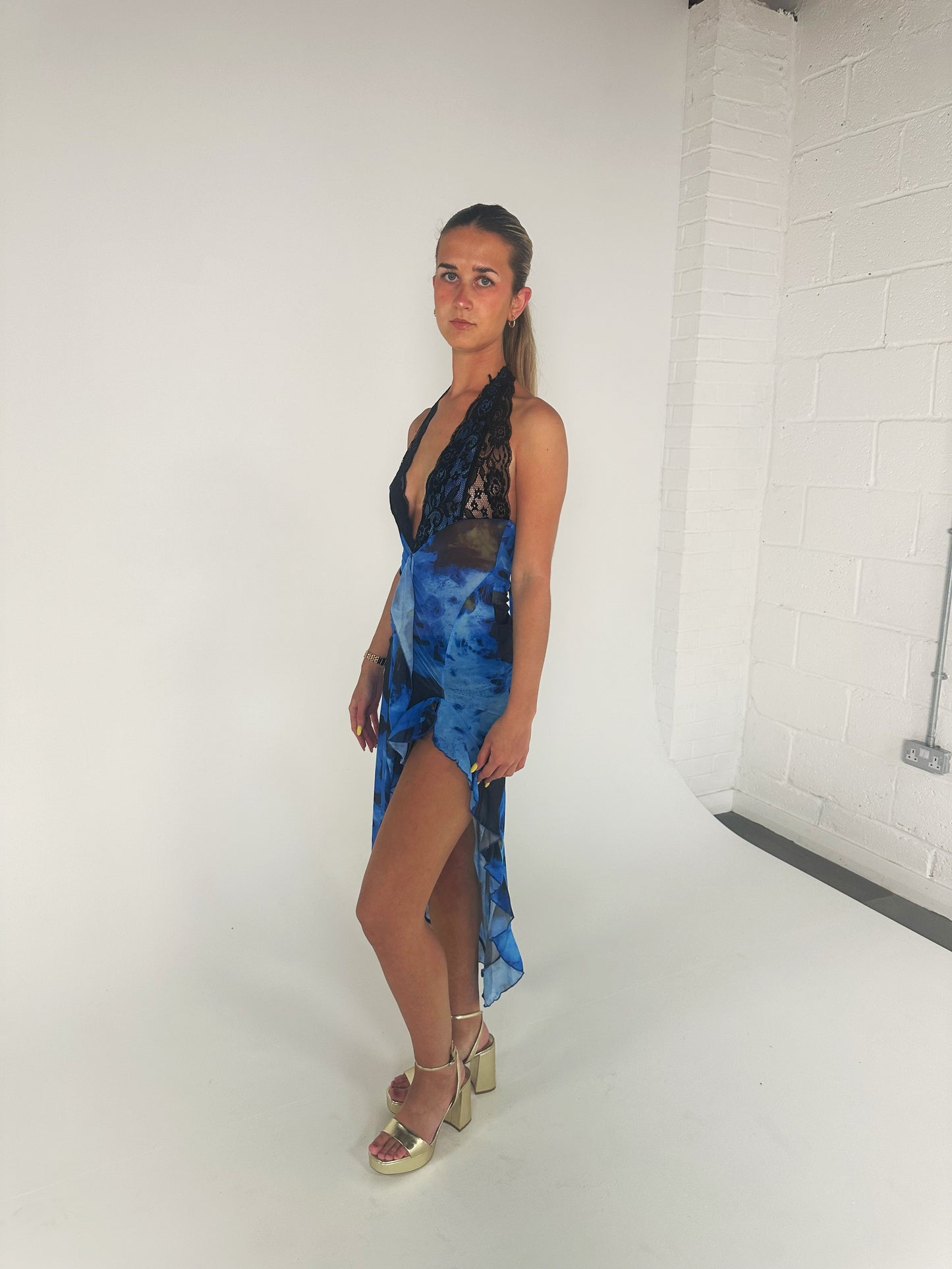 Lace Halter Plunge Dress in Blue