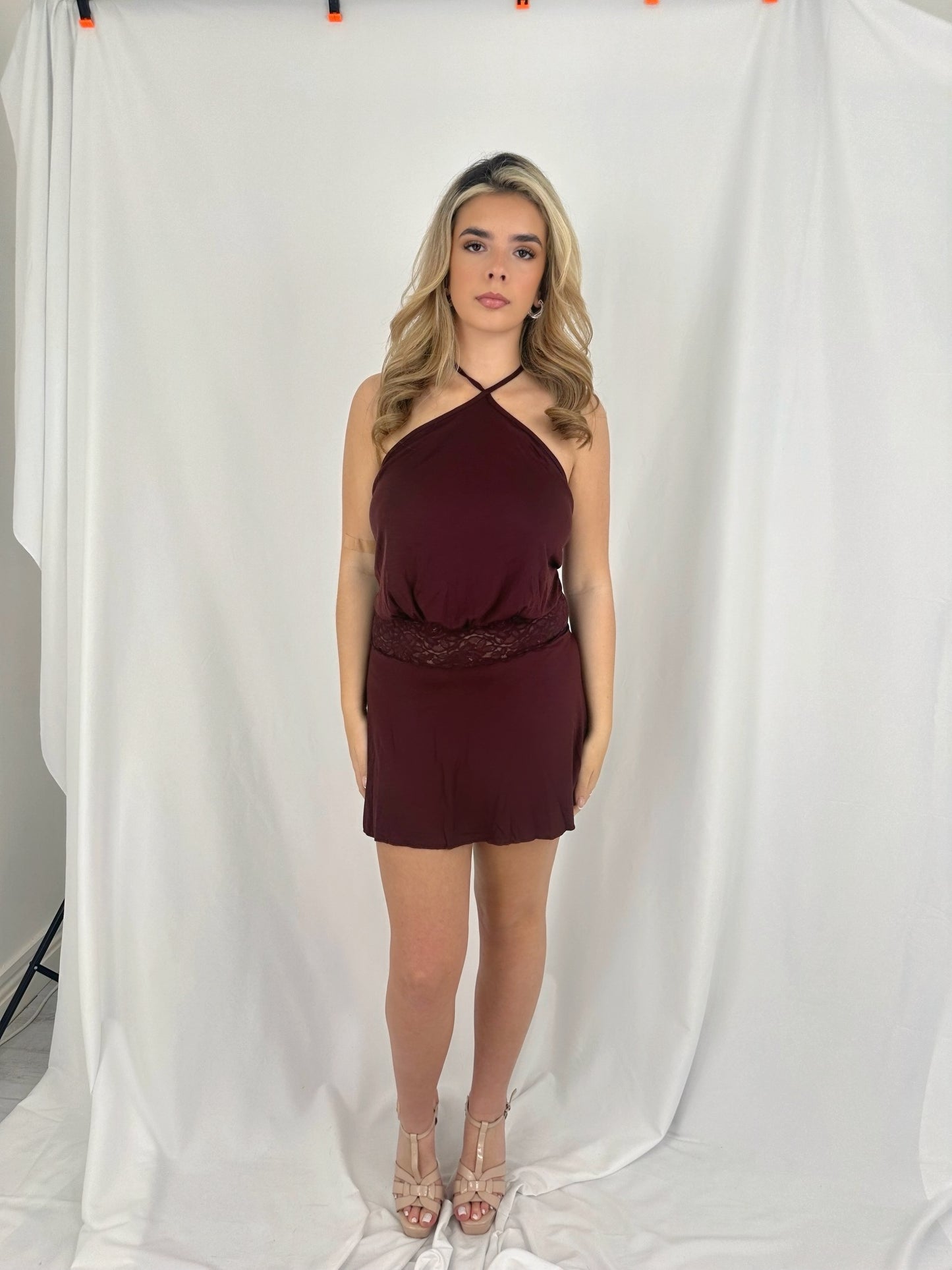 Lace Waist Halter Dress in Burgundy