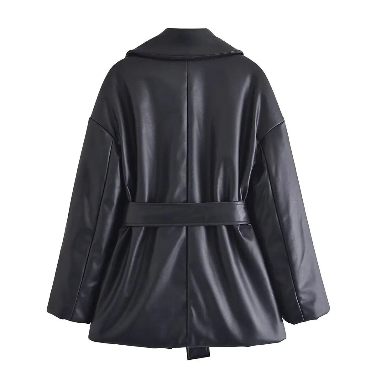 Faux Leather Tie Waist Blazer Style Coat