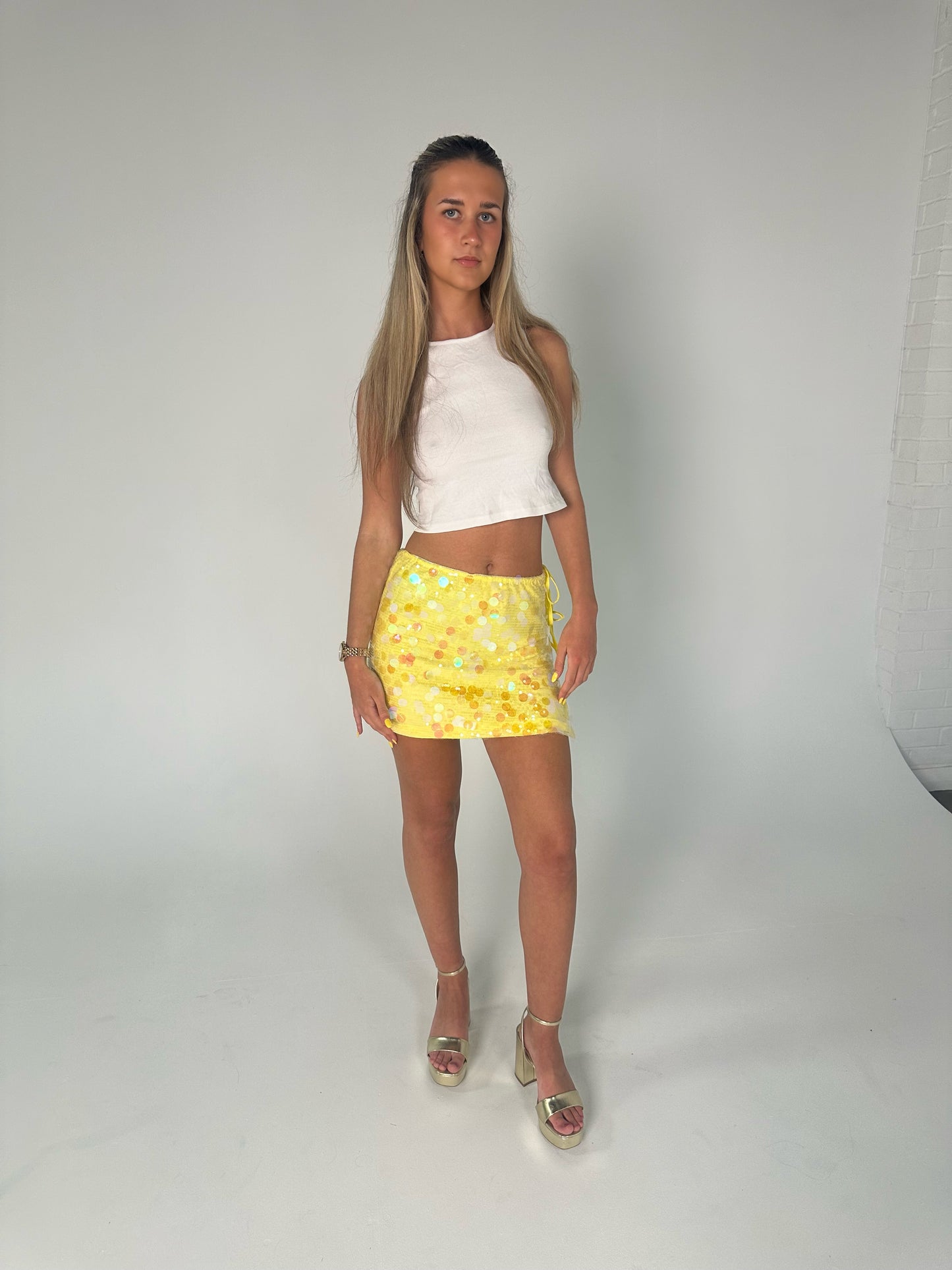 Sequin Tie Side Detail Skirt in Yellow