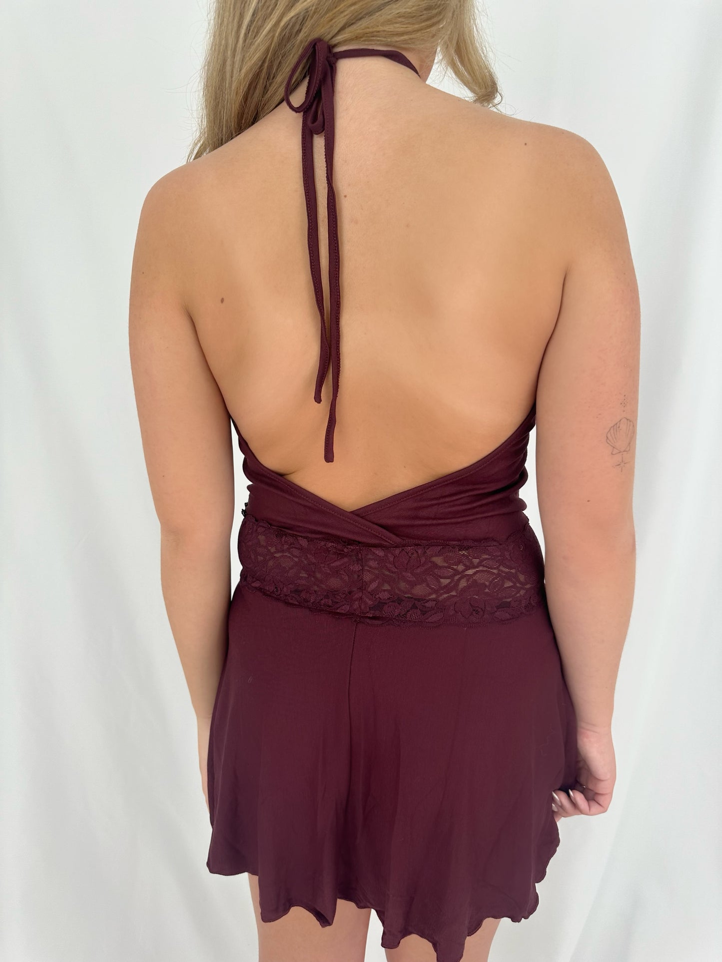 Lace Waist Halter Dress in Burgundy