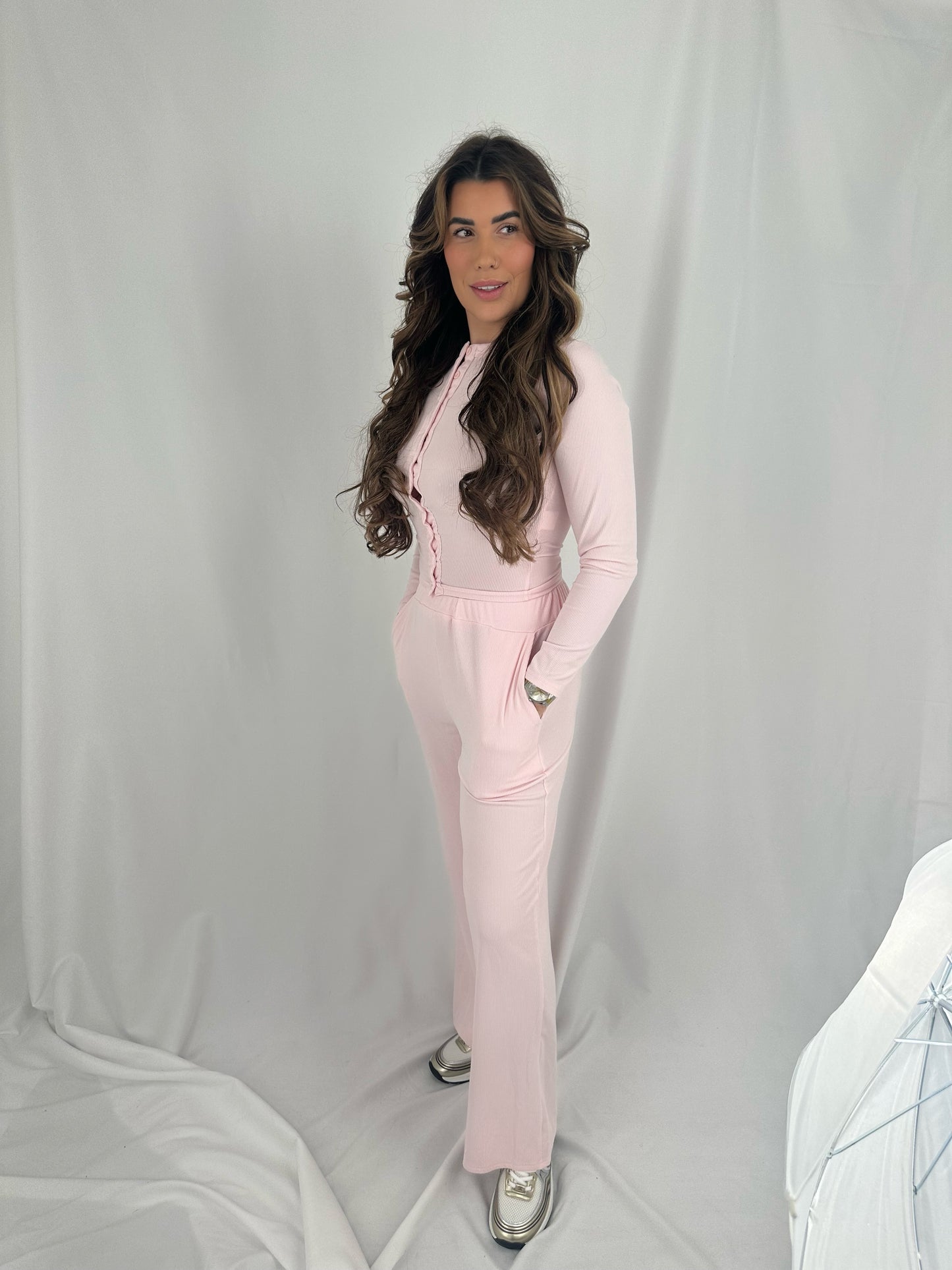 Soft Ribbed Button Up Set in Pink