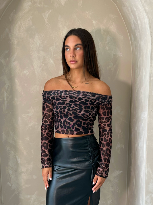 Cheetah Print Bardot Long Sleeved Top