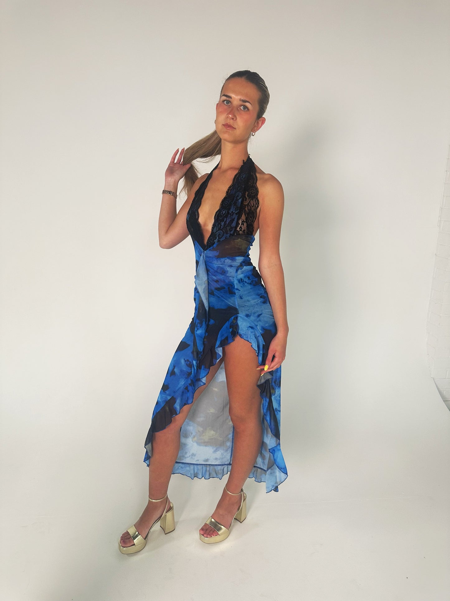 Lace Halter Plunge Dress in Blue