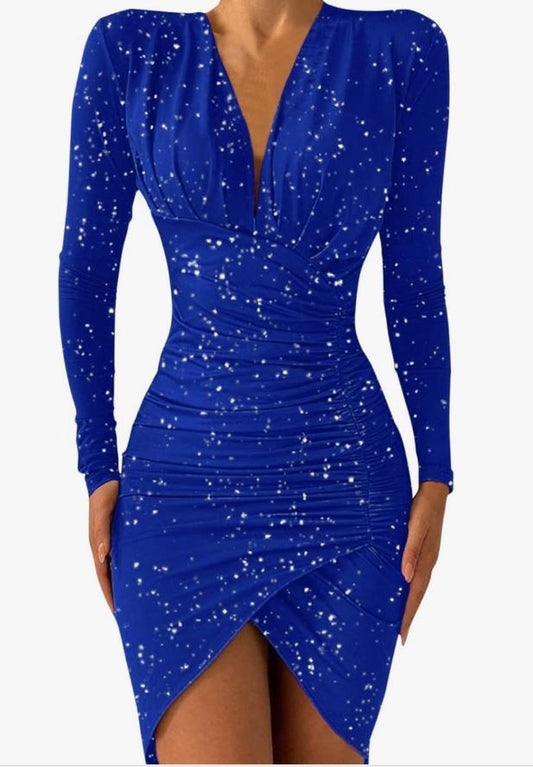 Plunge Neck Ruched Sparkle Dress in Blue