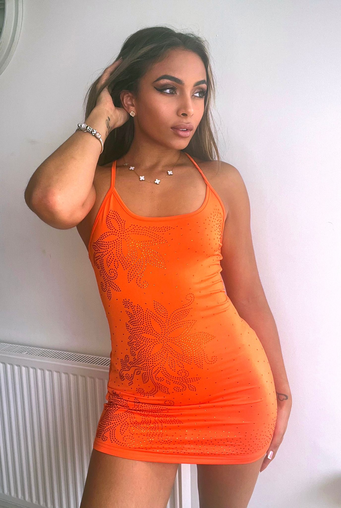 Rhinestone Cross Back Mini Dress in Orange