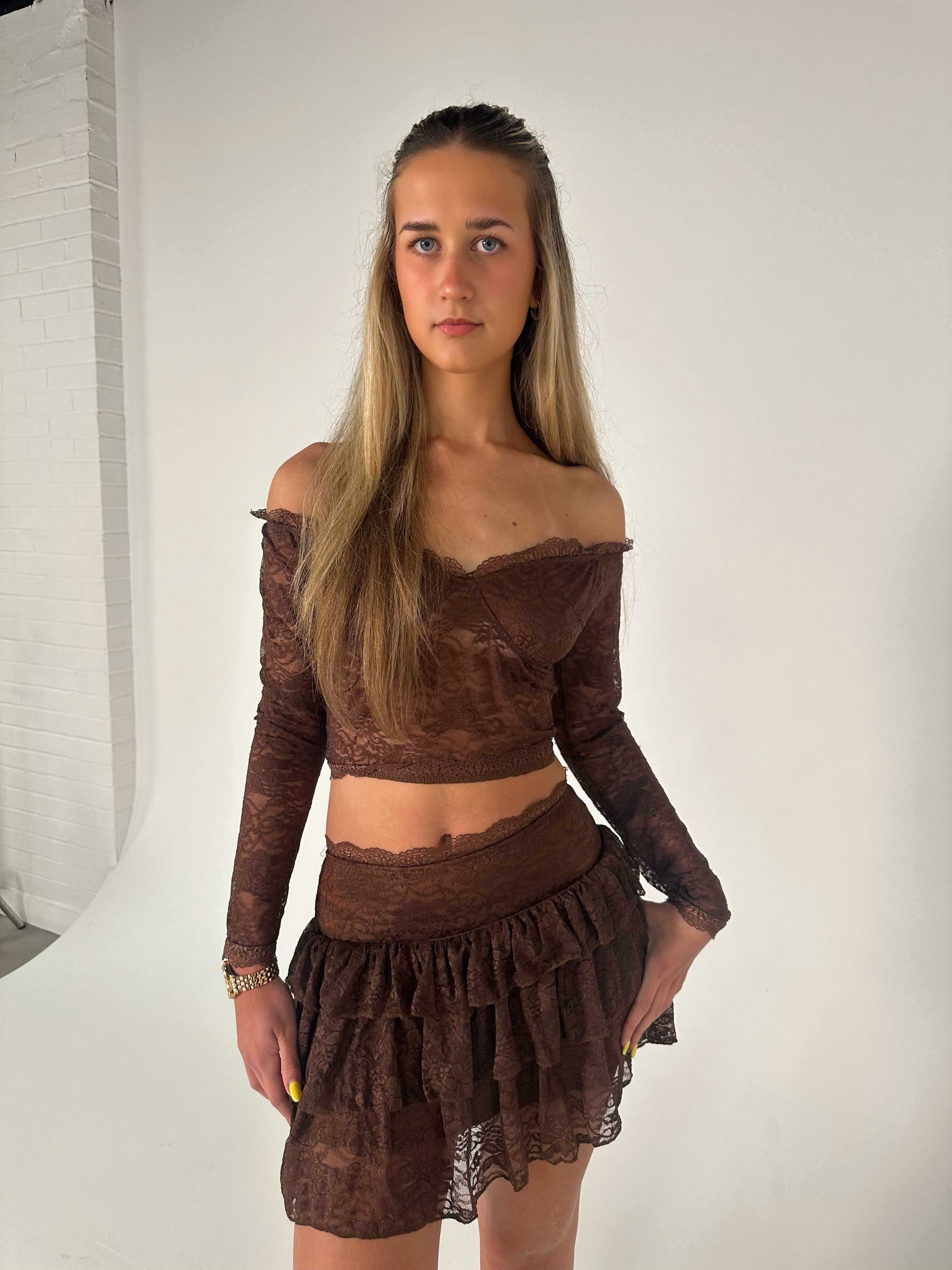 Lace Off Shoulder Crop Top and Frill Skirt Set in Brown