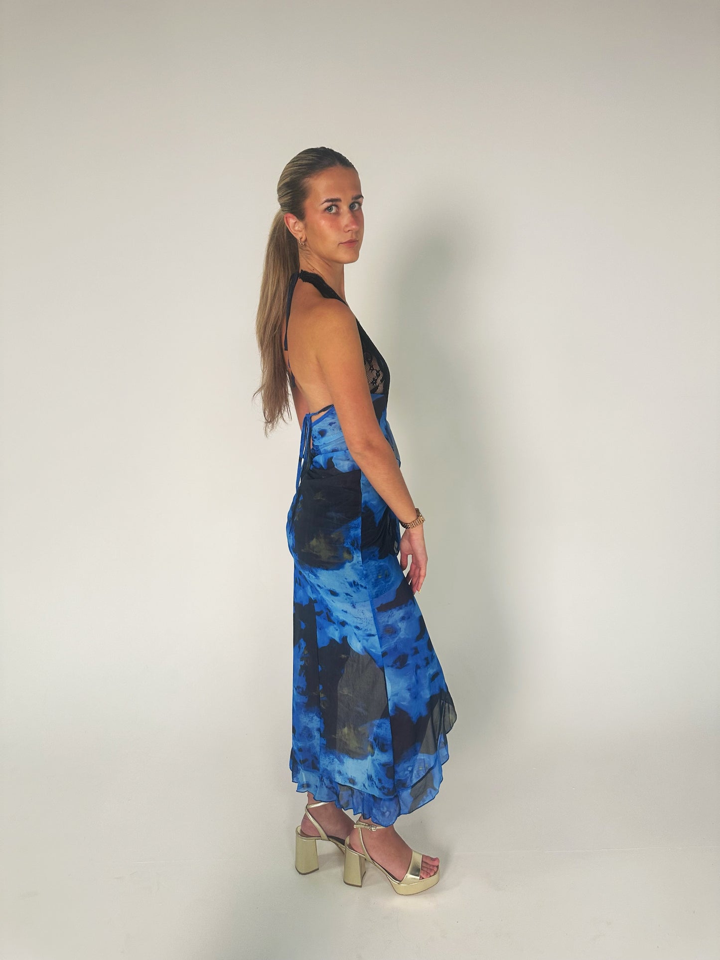 Lace Halter Plunge Dress in Blue