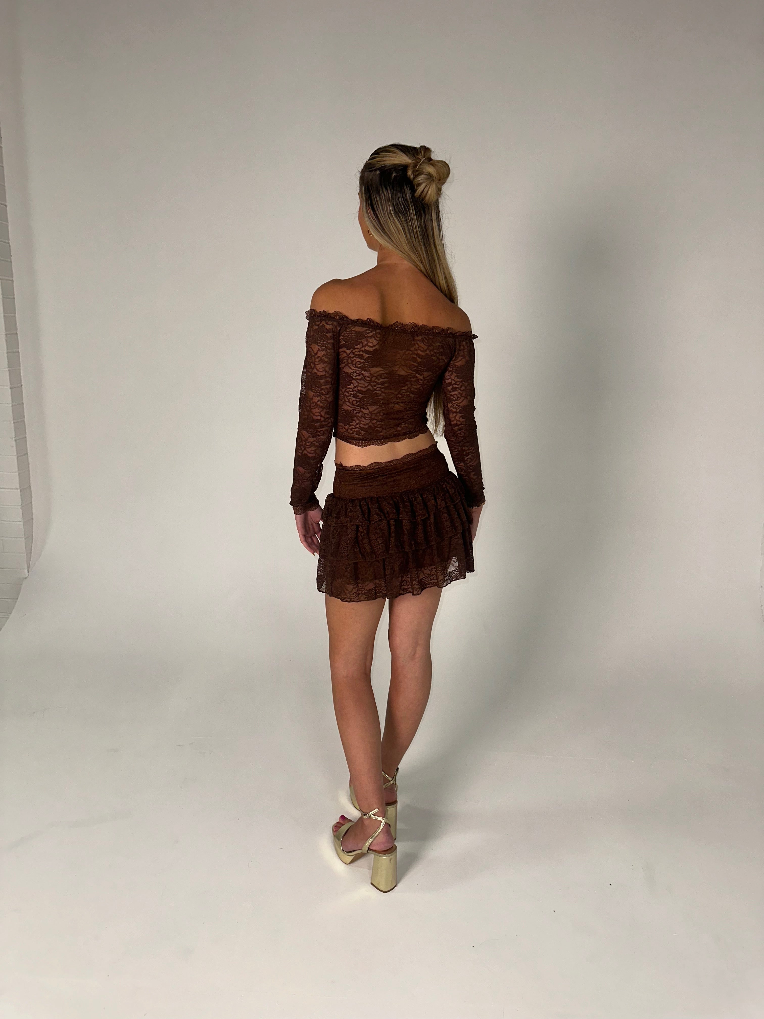 Lace Off Shoulder Crop Top and Frill Skirt Set in Brown
