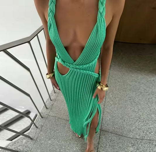Deep Plunge Halter Wrap Around Dress in Green