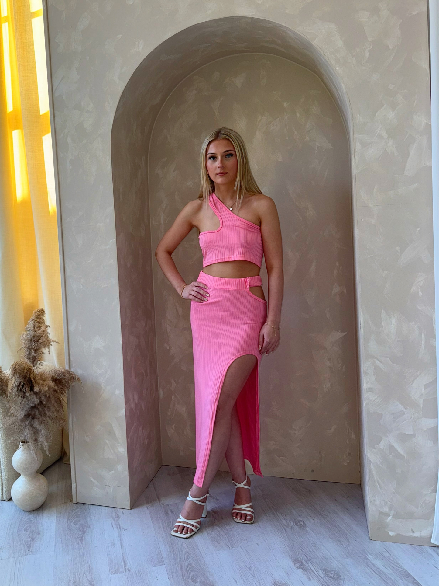 Cross Over Crop and Slit Skirt Co-Ord in Pink