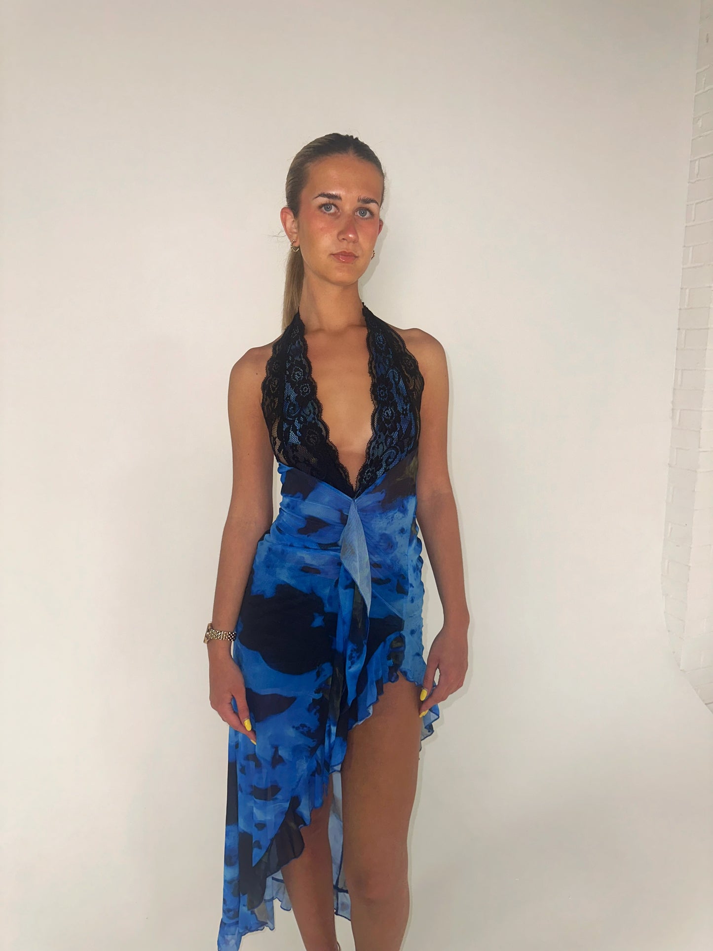 Lace Halter Plunge Dress in Blue