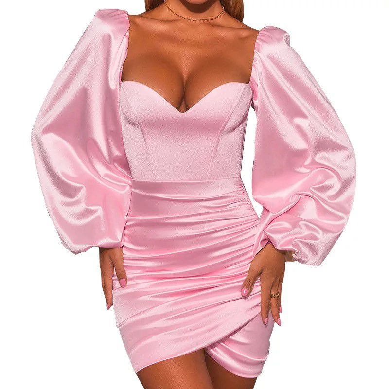 Satin Puff Sleeve Dress in Baby Pink