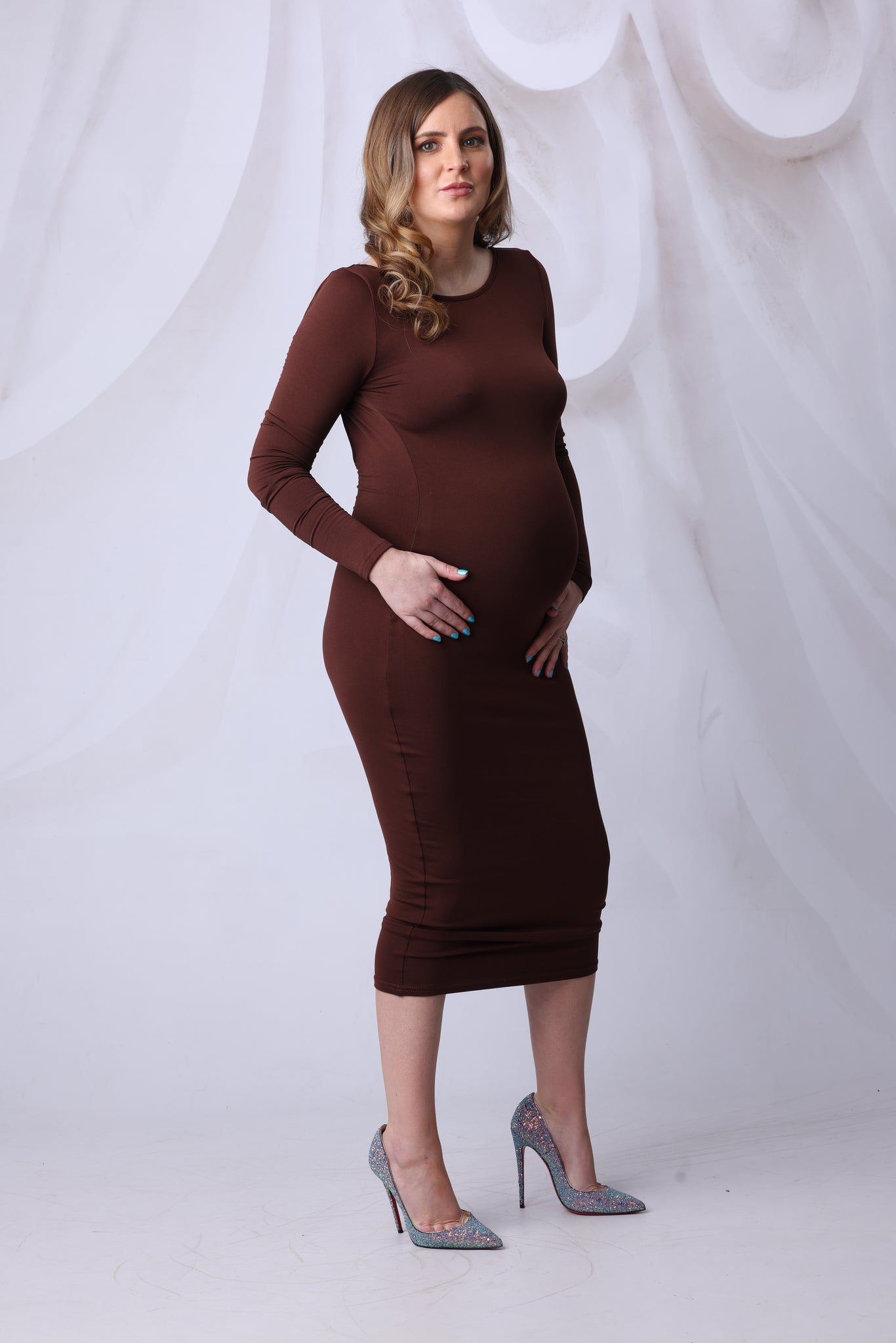 Maternity Backless Midi Dress in Chocolate Brown or Black