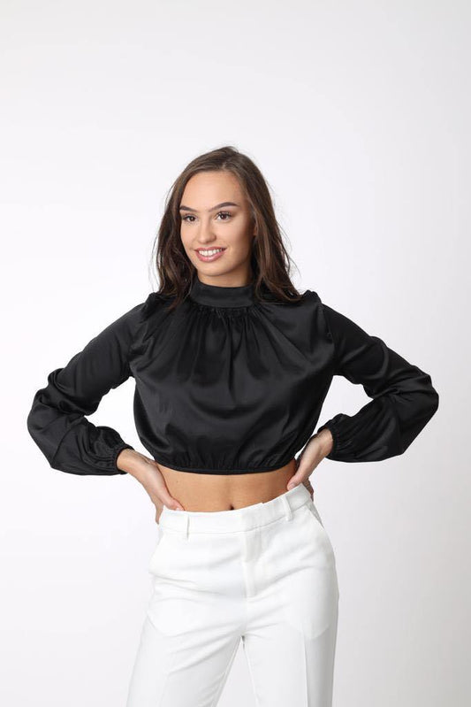 Cropped Silky Top in Black - watts that trend